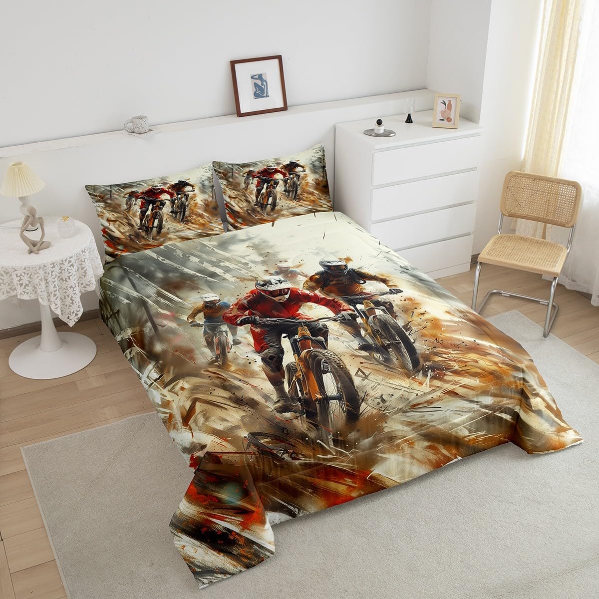 Erosebridal Boys Mountain Bike Comforter Set for Teens Girls Extreme Sports Themed Bedding Twin Size Abstract Art Decor Bedding Comforter Sets Stripes Duvet Insert Athletes Bicycle Print Quilt
