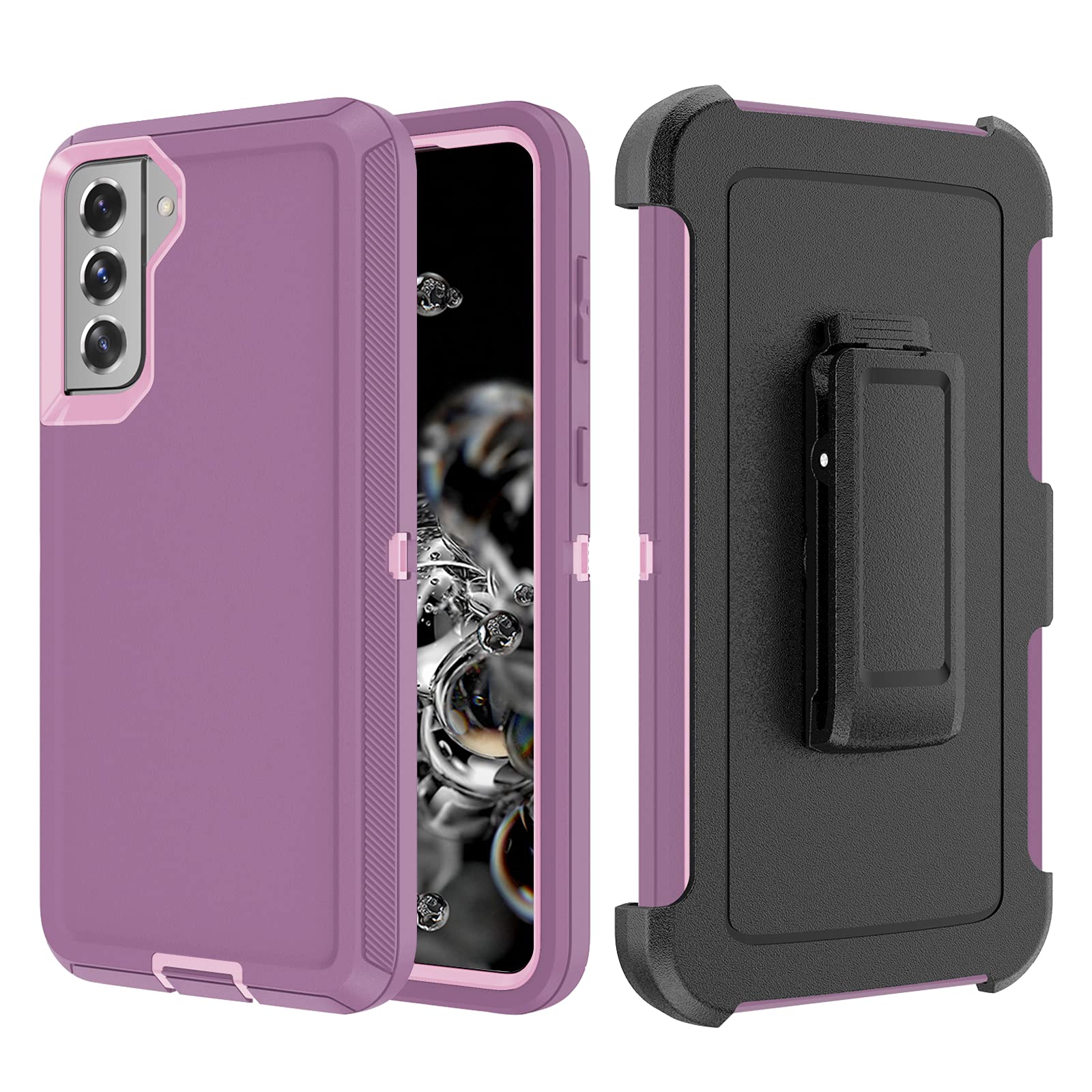 Case with Belt-Clip Holster for Galaxy S21 Drop Full Body Rugged Shock Dust Proof Military Protective Armour Phone Cover Heavy Duty (Purple Red/Light Pink)
