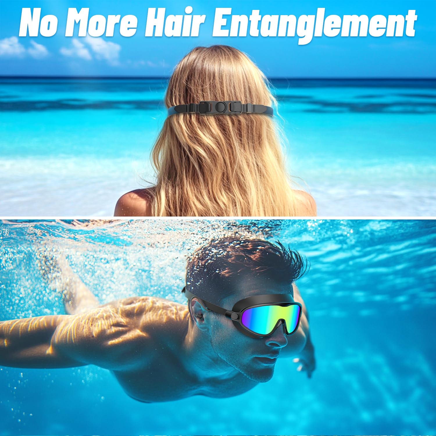 COOLOO Gafas de natación, paquete de 2 gafas de natación de visión amplia para hombres, mujeres y jóvenes | Sin fugas, antivaho, anti-UV, sin enganches de cabello, tapones para los oídos de una sola pieza, diseño ergonómico 3D