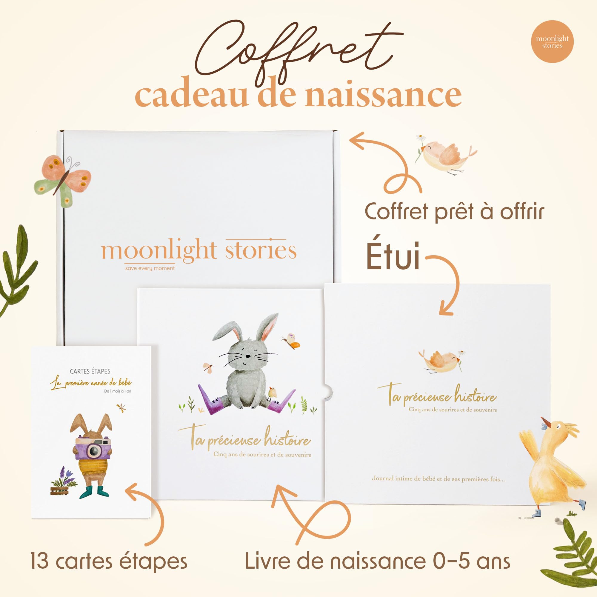 Livre de naissance bébé 0-5 ans avec 13 cartes étapes – Coffret naissance prêt à offrir, album souvenirs 120 pages, 6 pochettes souvenirs, cadeau naissance fille garçon
