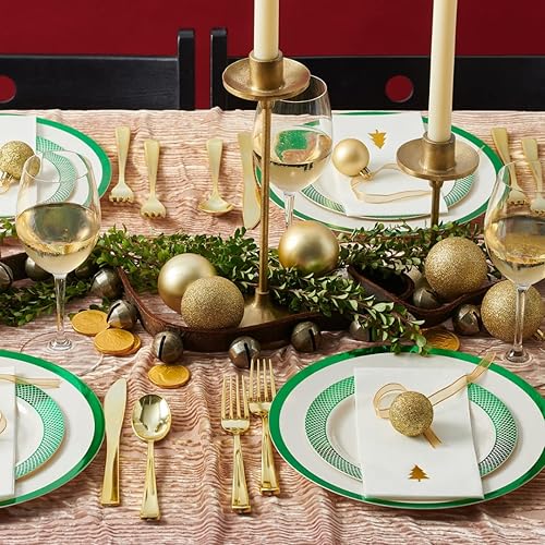 Miniatura 6 de By Madee HEAVYweight - Juego de 175 platos de Navidad desechables para fiestas, color marfil con platos de plástico con ribete verde, cubiertos