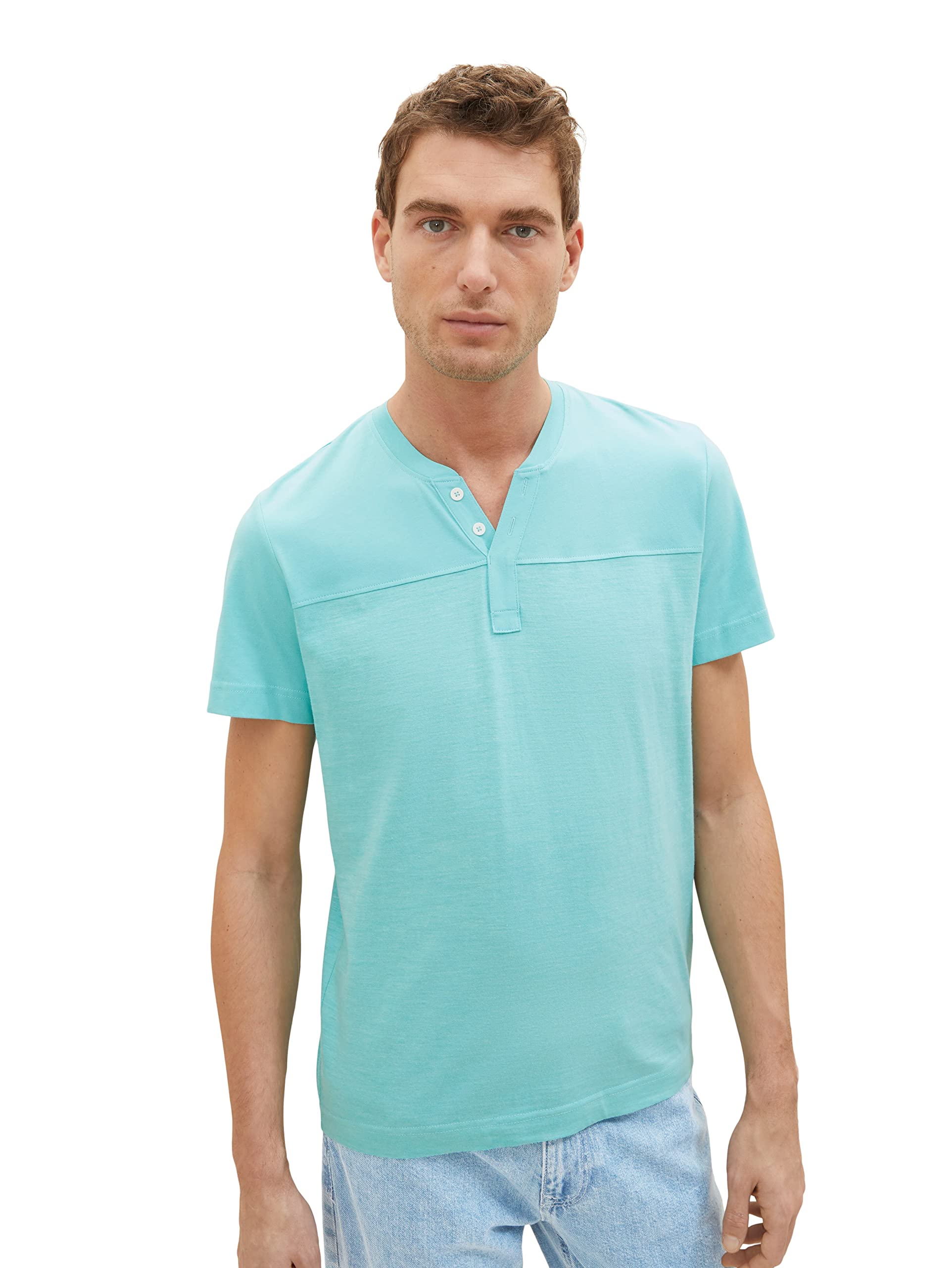 TOM TAILOR Men's Serafino T-Shirt, 32036 - Aqua Streaky Melange, L