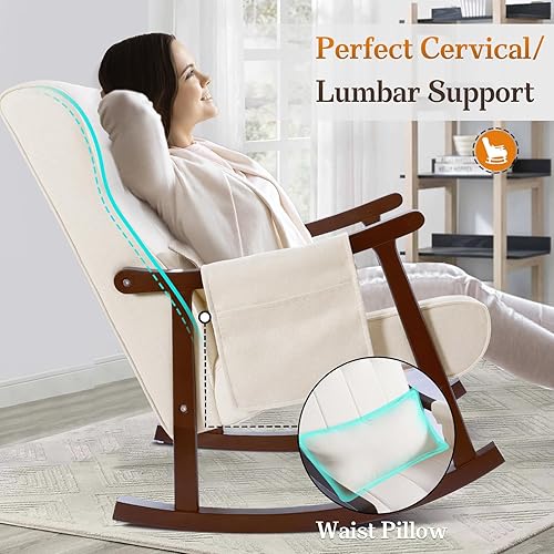 Miniatura 4 de NOBLEMOOD Mecedora tapizada con otomana moderna silla mecedora de interior para guardería sillón de respaldo alto de madera maciza con asiento