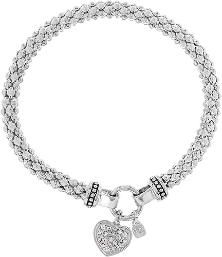 Nine West Women's Crystal Pave Heart Charm Stretch Bracelet Silver Tone