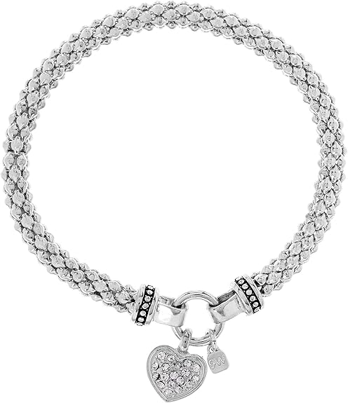 Nine West Women's Crystal Pave Heart Charm Stretch Bracelet Silver Tone