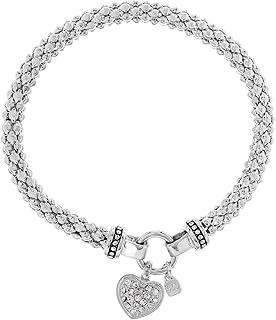 Women's Crystal Pave Heart Charm Stretch Bracelet Silver Tone