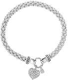Women's Crystal Pave Heart Charm Stretch Bracelet Silver Tone