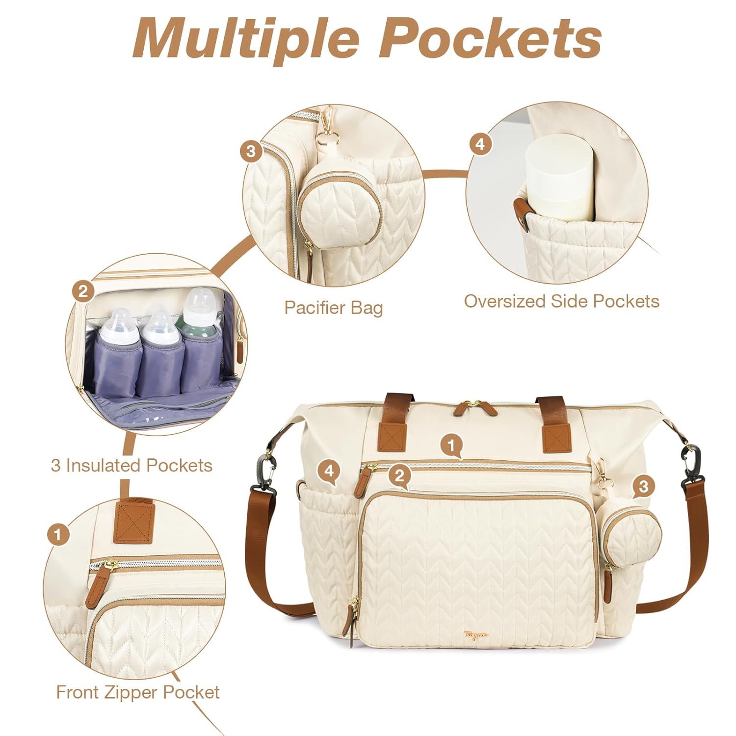 Diaper Bag Tote, Large Baby Diaper Bags Waterproof, Hospital Bag for Labor Delivery with Pacifier Case, Changing Pad, Shoulder Strap, Beige - Image 4