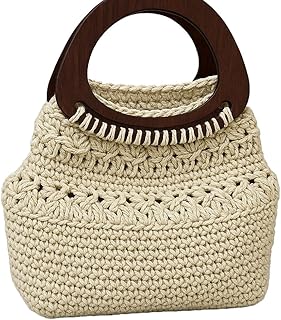 حقيبة يد نسائية مصنوعة من الكروشيه، مقابض خشبية، نمط مزخرف، لون كريمي