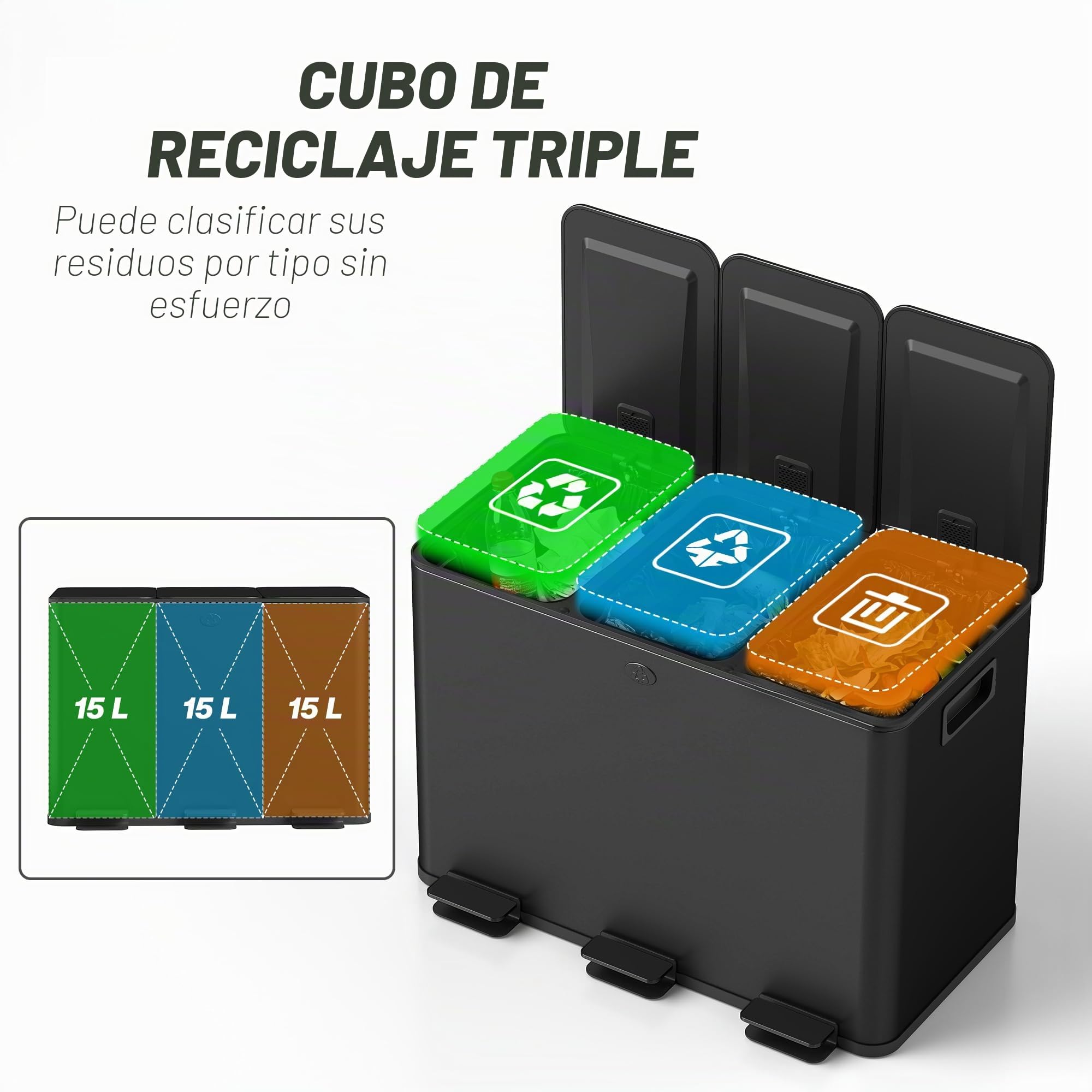HOMCOM Triple cubo de cocina 3x15L Pedal Acero inoxidable Negro | Tres compartimentos, cubos interiores extraíbles, cierre suave, a prueba de huellas, para reciclaje y residuos