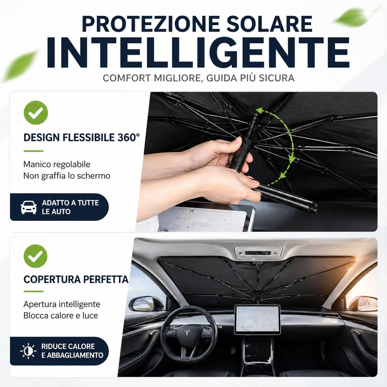 Parasole Auto Ombrello Parabrezza Interno 142x79 cm, Manico Pieghevole 360°, Copertura Completa, Protezione UV e Anti Calore, Parasole Pieghevole con Custodia - 3