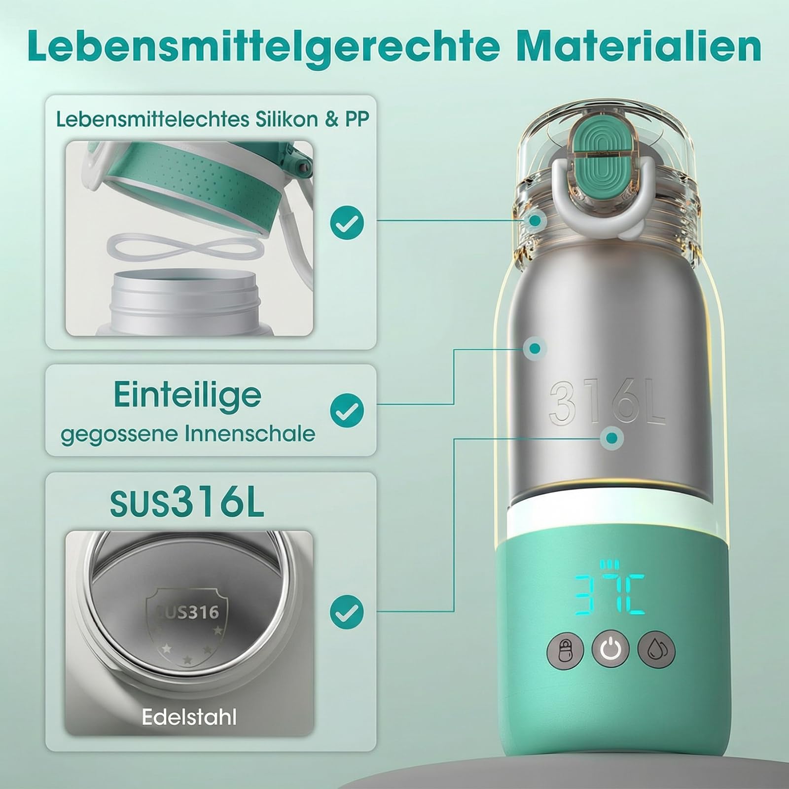 Tragbarer Flaschenwärmer unterwegs für Baby, Schnelles Aufheizen und Lange Akkulaufzeit 12000mAh, Zwei Heizmodi für Muttermilch und Wasser, 355ml Kapazität, Zusätzlicher Strohhalmdeckel den Ganzen Tag