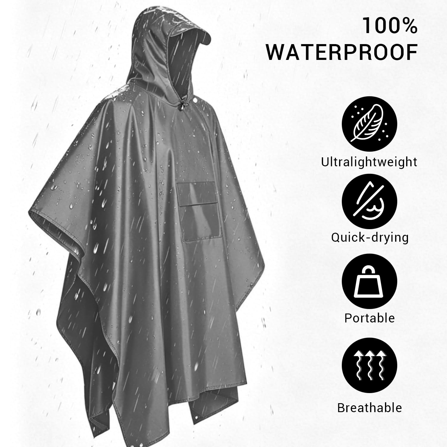 Poncho Pioggia Impermeabile Riutilizzabile per Adulti, Mantella Antipioggia 3-in-1 Leggera con Cappuccio per Trekking, Uomo e Donna