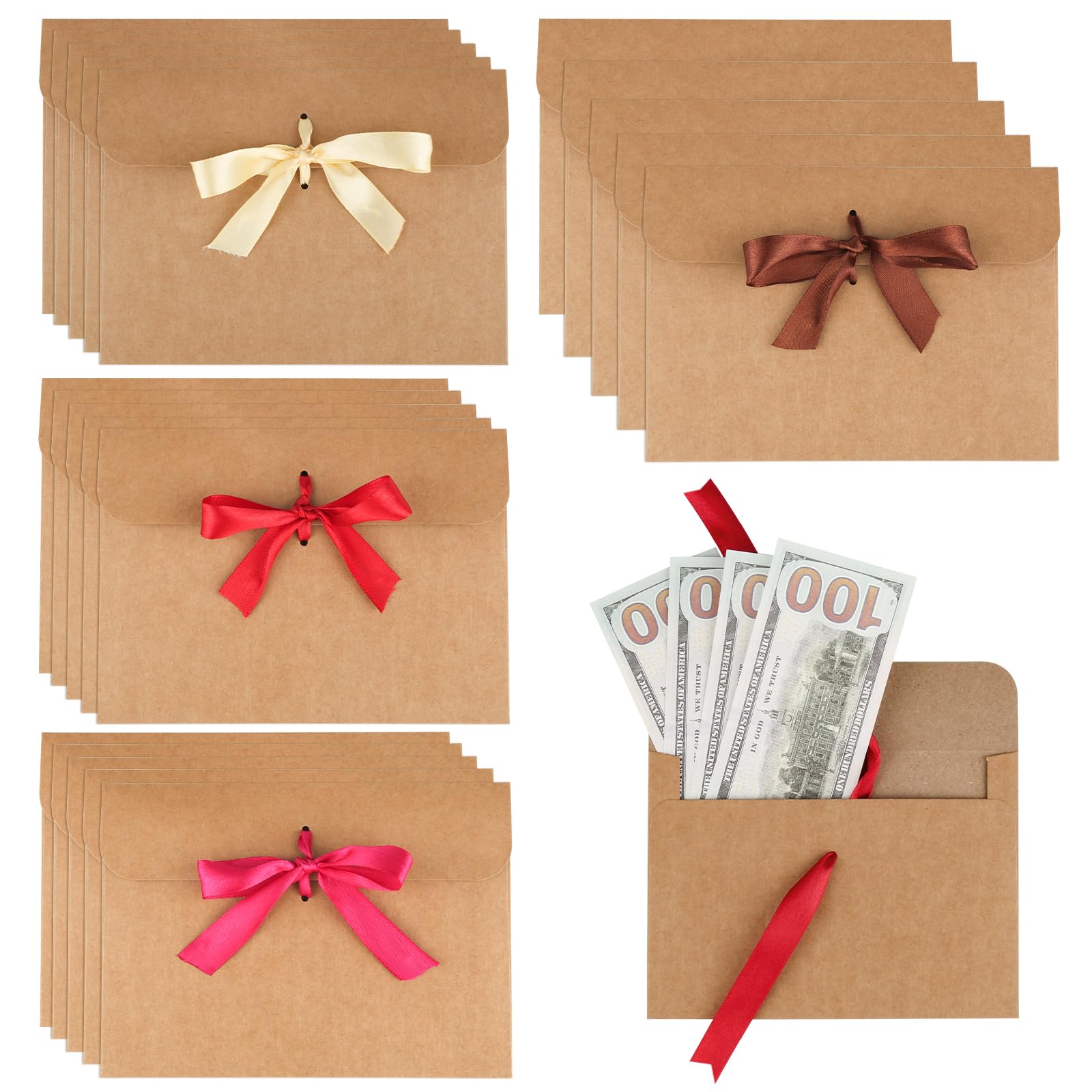 20 Pcs Brown Kraft Paper Envelopes with Ribbon, Vintage Bow for Invitations Greeting Cards, Festival Cards (17 x 12.3cm)