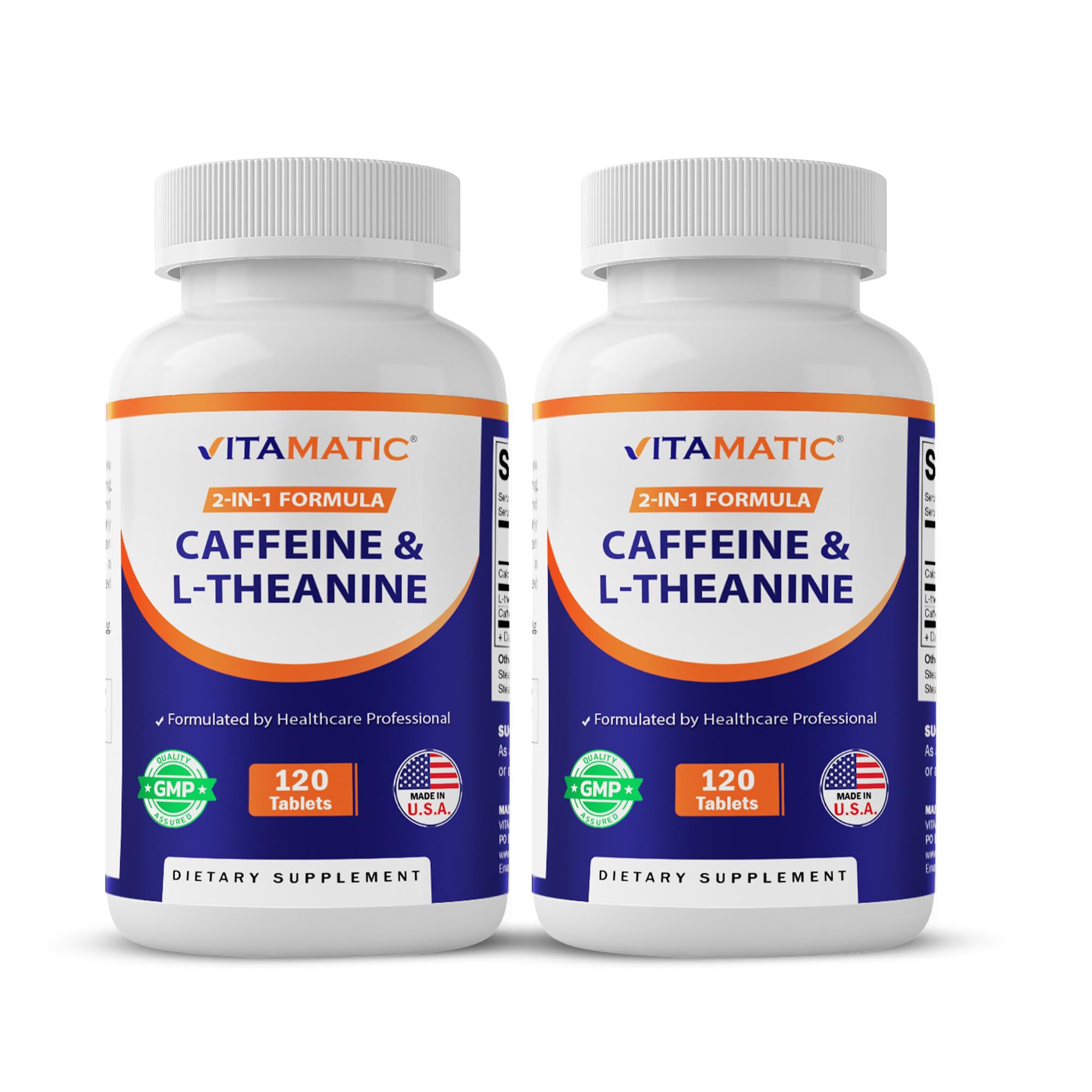 Vitamatic Caffeine Pills with L-Theanine – 300 mg Per Tablet – 120 Vegetarian Tablets (Pack of 2, Total 240 Tablets)