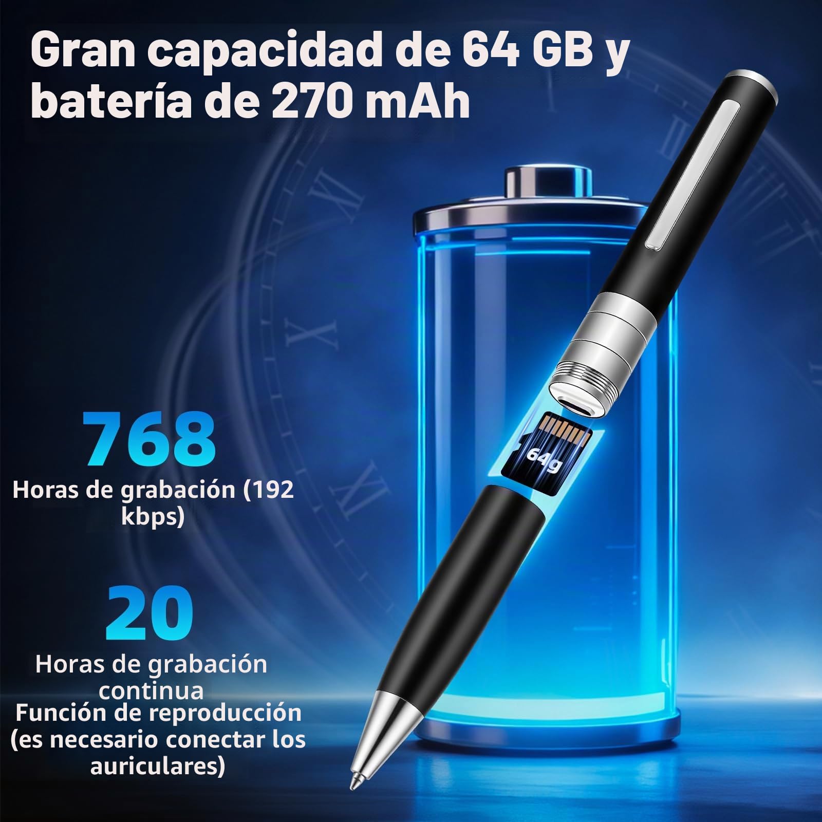 Pluma Grabación de Voz de 64 GB - Grabadora de Voz automática y Continua Mediante activación rotativa, Grabadora de Voz Espía Discreta para Cursos, Reuniones, Entrevistas (Negro)