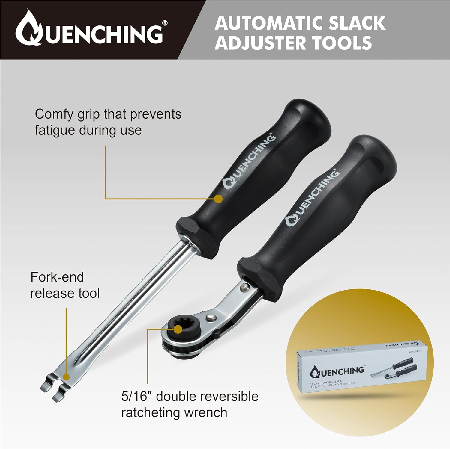QUENCHING Slack Adjuster Tool Set with Fork End Release & 5/16" Double Reversible Ratcheting Wrench, Brake Adjustment Tool for Semi Truck Air Brake Systems, Heavy Duty