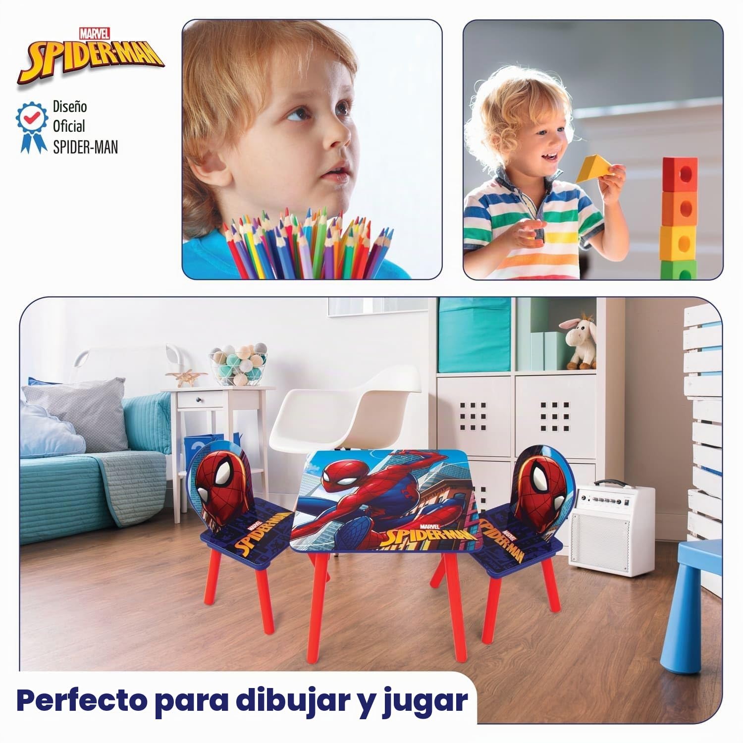 ARDITEX - Set de Mesa y 2 Sillas Infantiles de Madera - 50x50x44 cm y 26,5x26,5x50 cm - Ideal para Jugar, Pintar y Hacer Manualidades - Licencia Oficial de Marvel Spiderman
