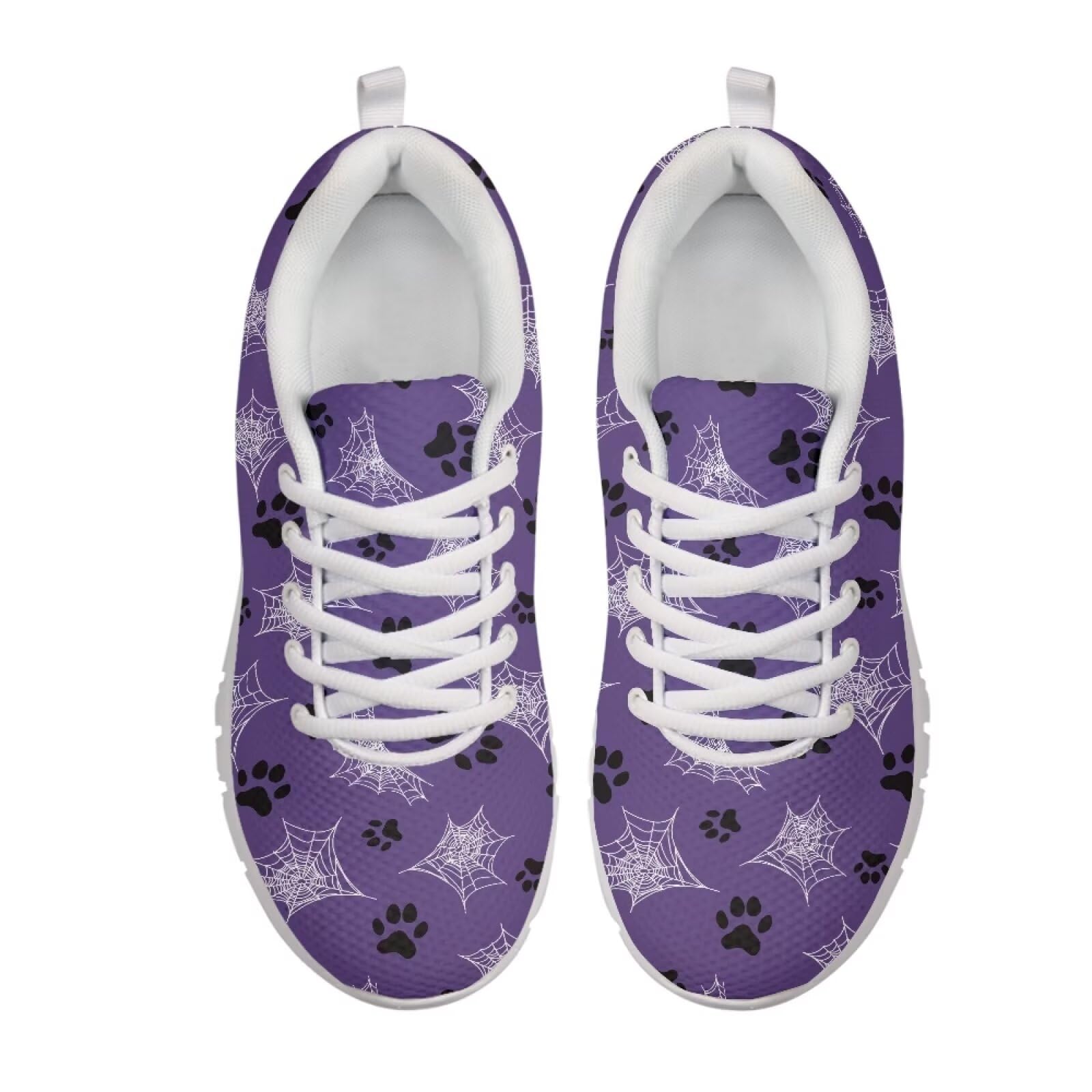 JUDENTIDOS Women Halloween Sneakers Purple Spider Webs Walking Shoes Lightweight Gym Sports Shoes Breathable Mesh Workout Casual Shoes