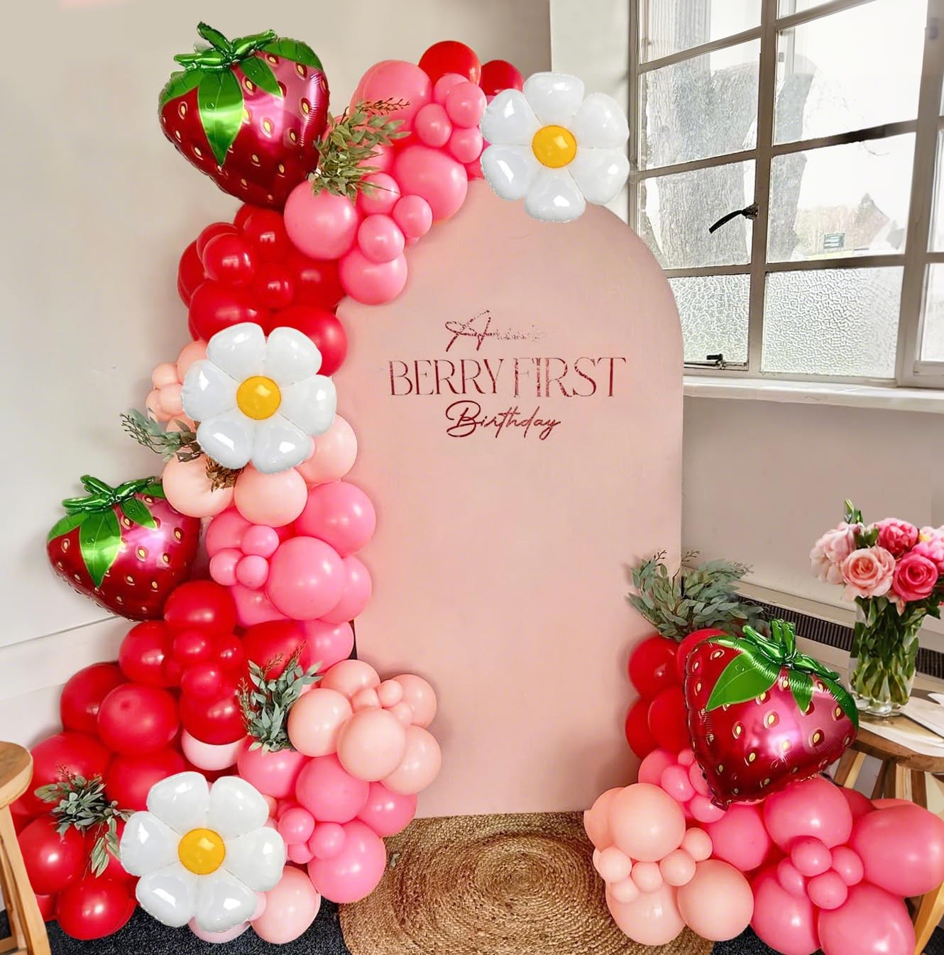Longwu Strawberry Balloon Garland Arch Kit 125pcs Red and Pink Balloons with Strawberry and Daisy Mylar Balloon for Girl Baby Shower Berry First 1st Birthday Decor Sweet Theme Birthday Decorations