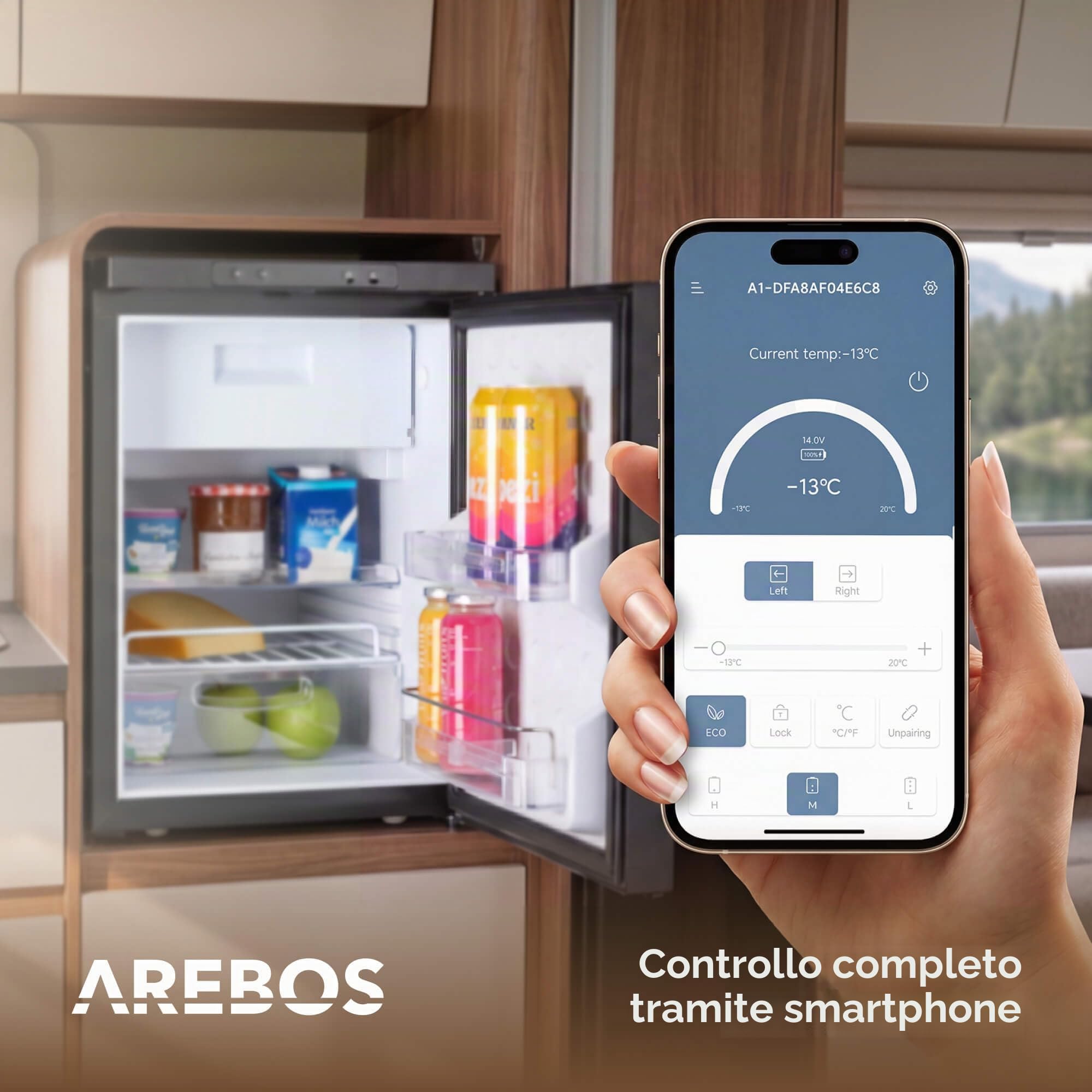 Arebos Frigorifero a Compressore per Camper 50L con Scomparto Congelatore | Controllo APP | 12V/24V | Fino a -20°C | Porta Reversibile | Frigorifero per Camper, Van, Auto e Camion