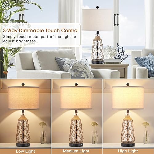 Miniatura 2 de Juego de 2 lámparas de mesa de cristal costero de 25.5 pulgadas, regulables de 3 vías, control táctil, con 2 puertos USB y salida de CA, lámpara