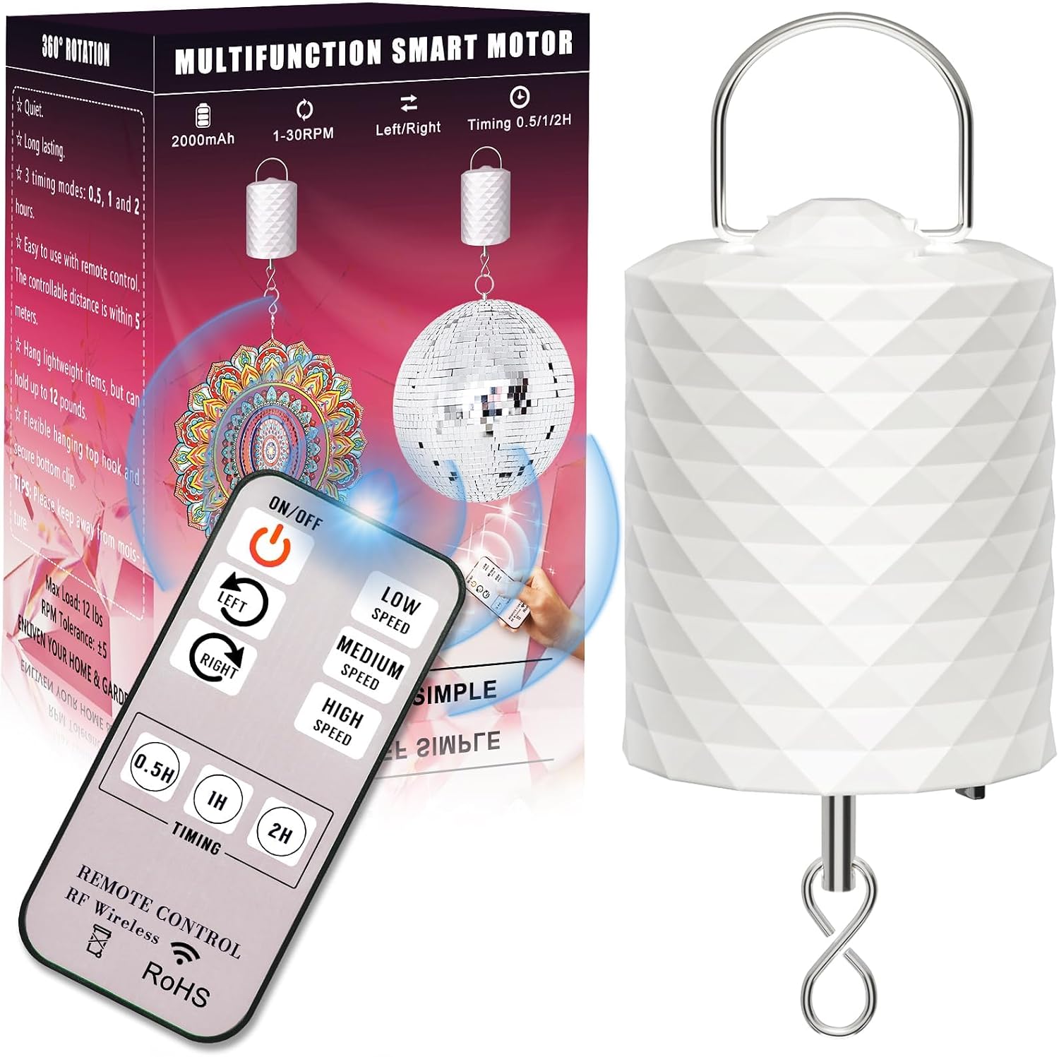 Disco Ball Motor with Remote, 1-30 RPM 3 Speeds & 2-Way Rotation, 0.5/1/2H Timing, 12LBS Capacity for 6"-20" Mirror Ball, Battery Operated Slow Control Wind Spinner Chime for Baby Crib Mobile Decor