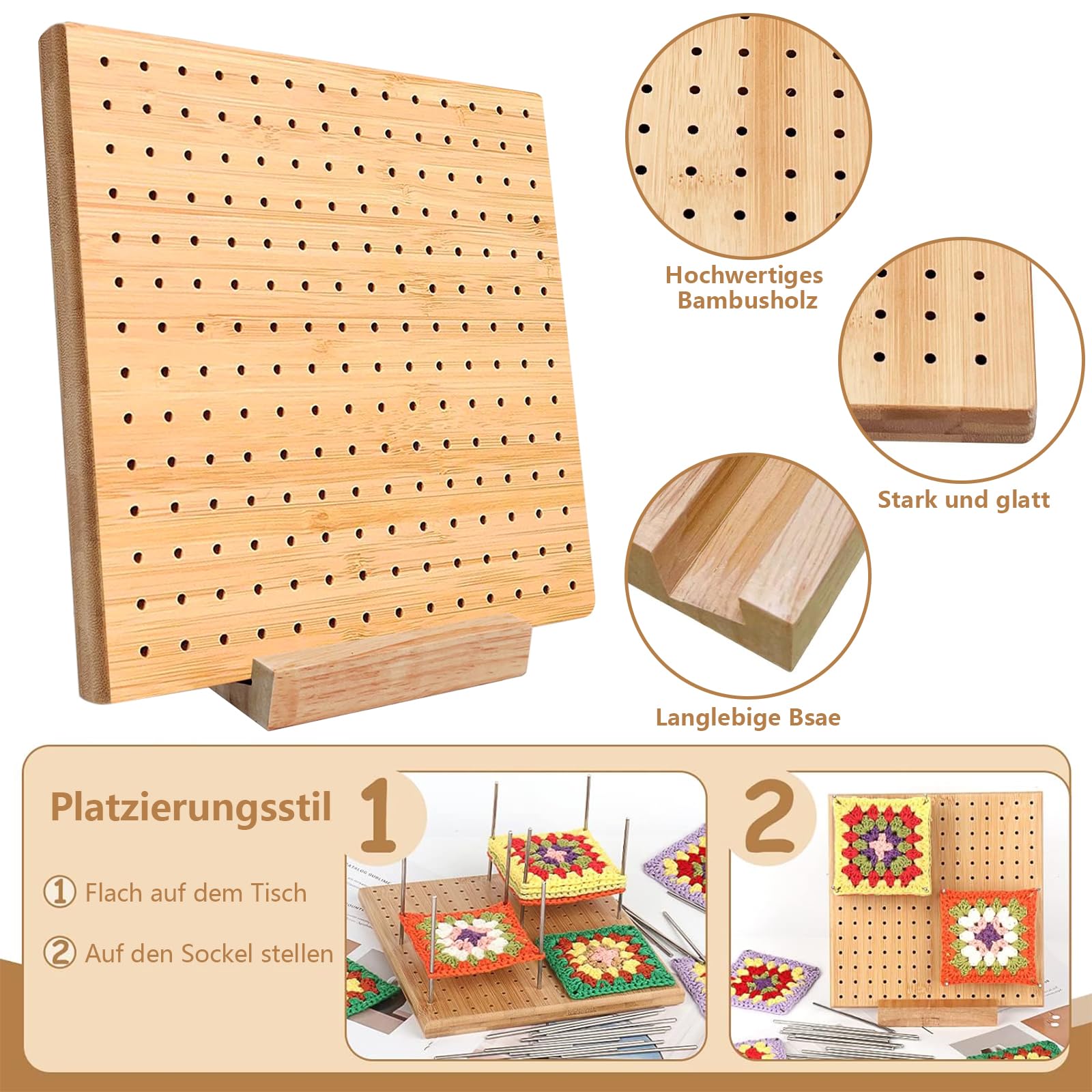 Tavola Per Bloccare Granny Square All'Uncinetto - Legno Di Bambù 29x29 Cm, Con 30 Aghi E Base - Foto 5