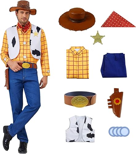 LILLIWEEN Woody - Disfraz de vaquero para adultos, disfraz de sheriff para Halloween, disfraz de uniforme de Halloween