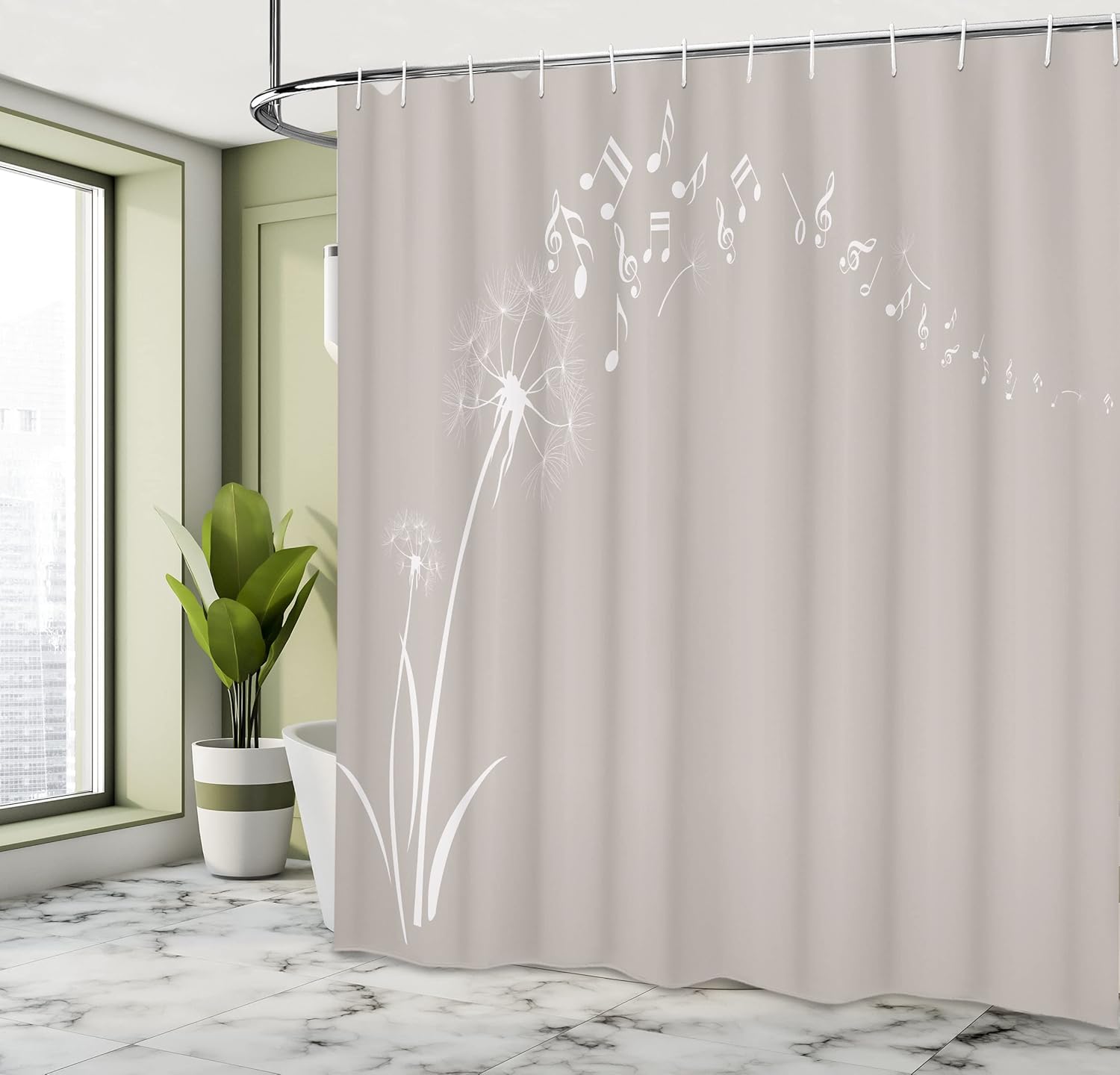 Ambesonne Music Shower Curtain, Flying Dandelions Notes Summer Spring Meadow Silhouette Softness Simple Print, Cloth Fabric Bathroom Decor Set with Hooks, 69" W x 75" L, Pale Sepia