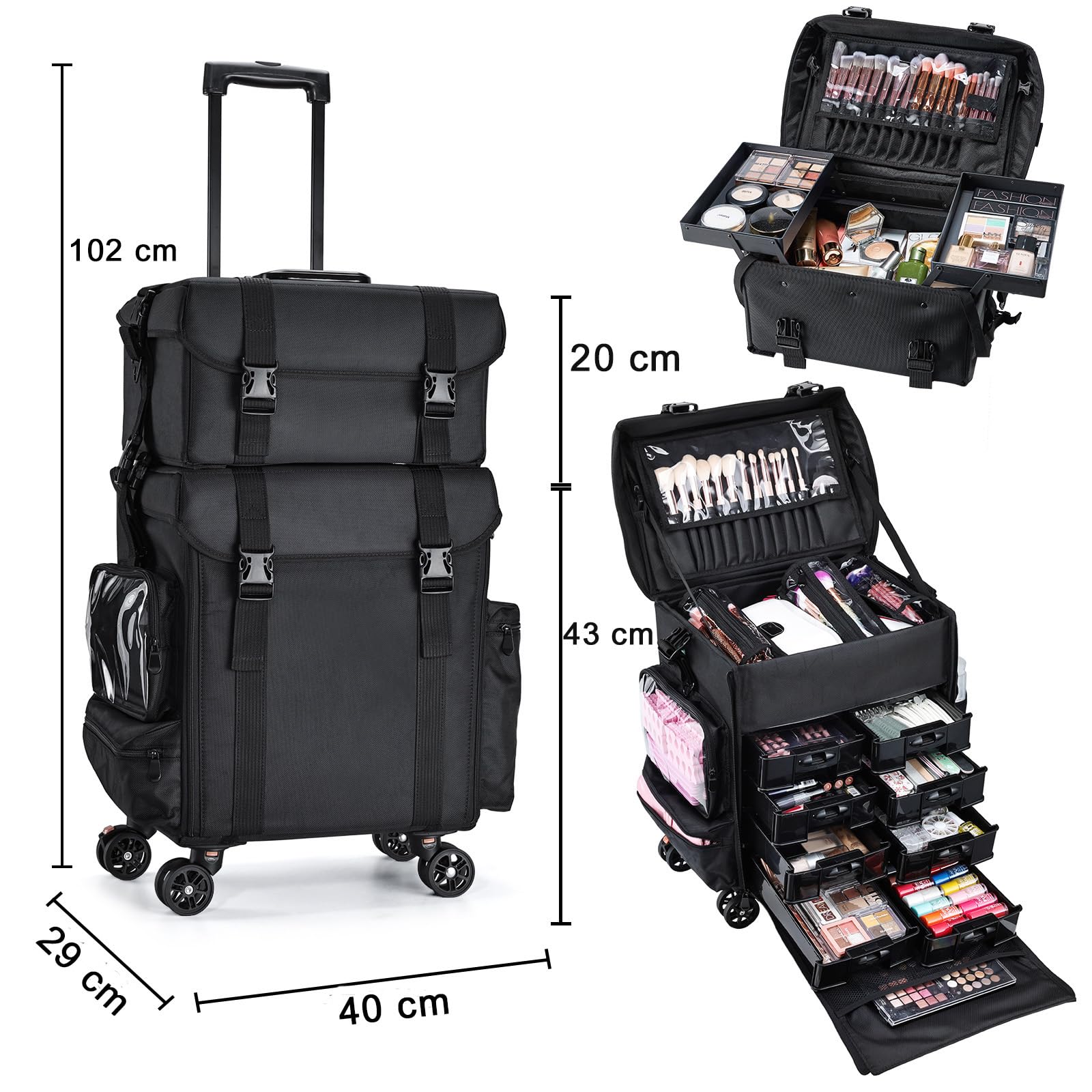 Professional Makeup Case 2 in 1 Hairdresser Case with 8 Drawers Makeup Case with Wheels Cosmetic Trolley Nail Beauty Case, Black - 5