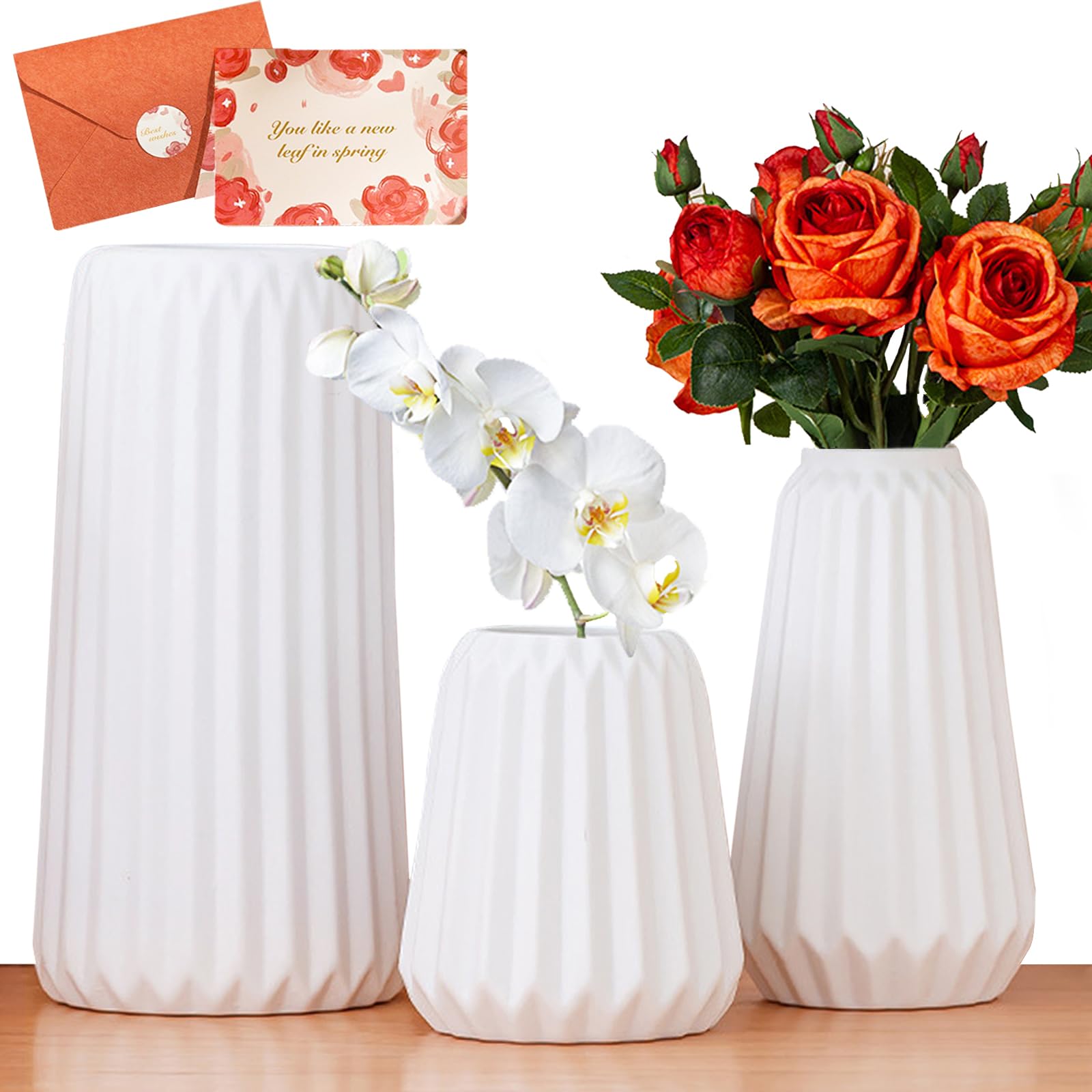 UCAMP Jarrón de Cerámica Blanco,Juego de 3 Jarrones de Cerámica,Jarrón de Flores Jarrones Decorativos Modernos,Jarroness para Sala de Estar,Boda,Mesa de Cena,Jarrons Ceramica para Decoración del Hogar