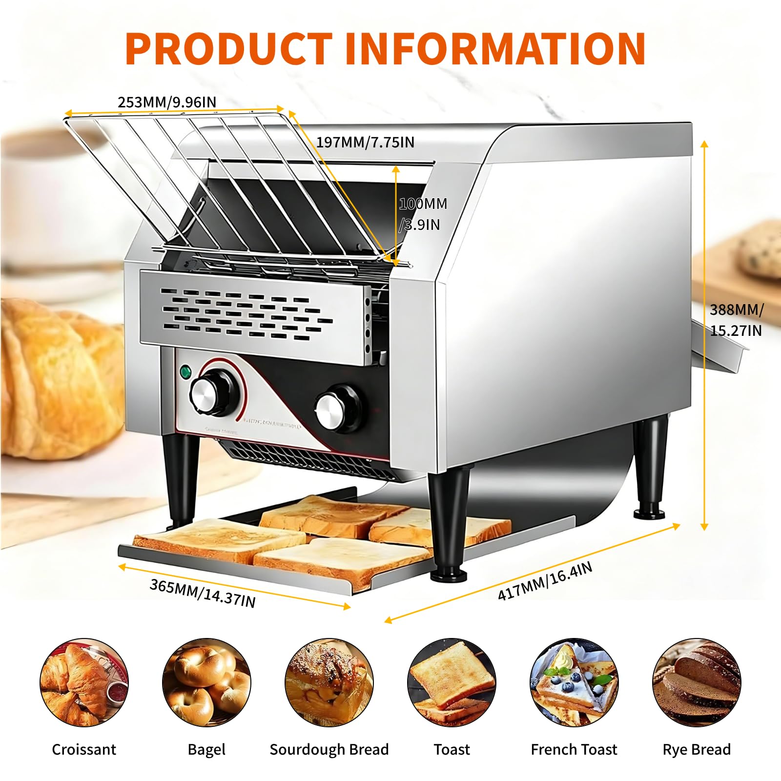 Tostador de Cinta transportadora Profesional 2200W | 300 rebanadas/Hora | con Doble Tubo Calefactor | 3 Modos de Tostado: Superior+Inferior/Solo Superior/Mantener Caliente