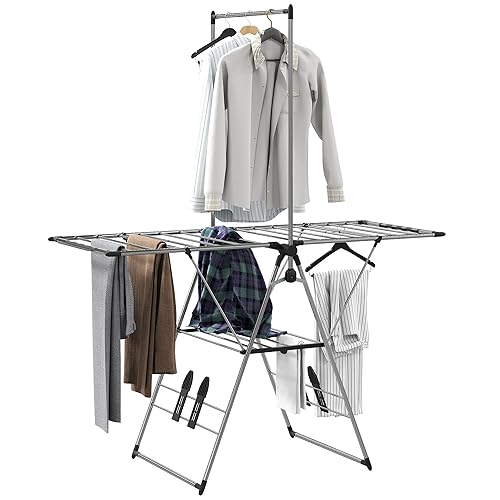 HOMCOM Clothes Drying Rack, Foldable Stainless Steel Laundry Drying Rack with Adjustable Gullwings and Shoe Holders, Freestanding Laundry Airer for Indoor Use, Silver