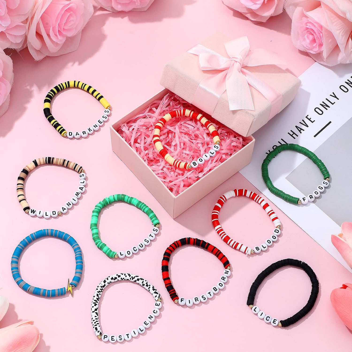 Quelay 10 Pcs Passover Friendship Bracelet Gift Set Adjustable Plagues Stretch Beaded Bracelets Pesach Seder Decorations for Passover Seder Jewish Festival Holiday Party Supplies