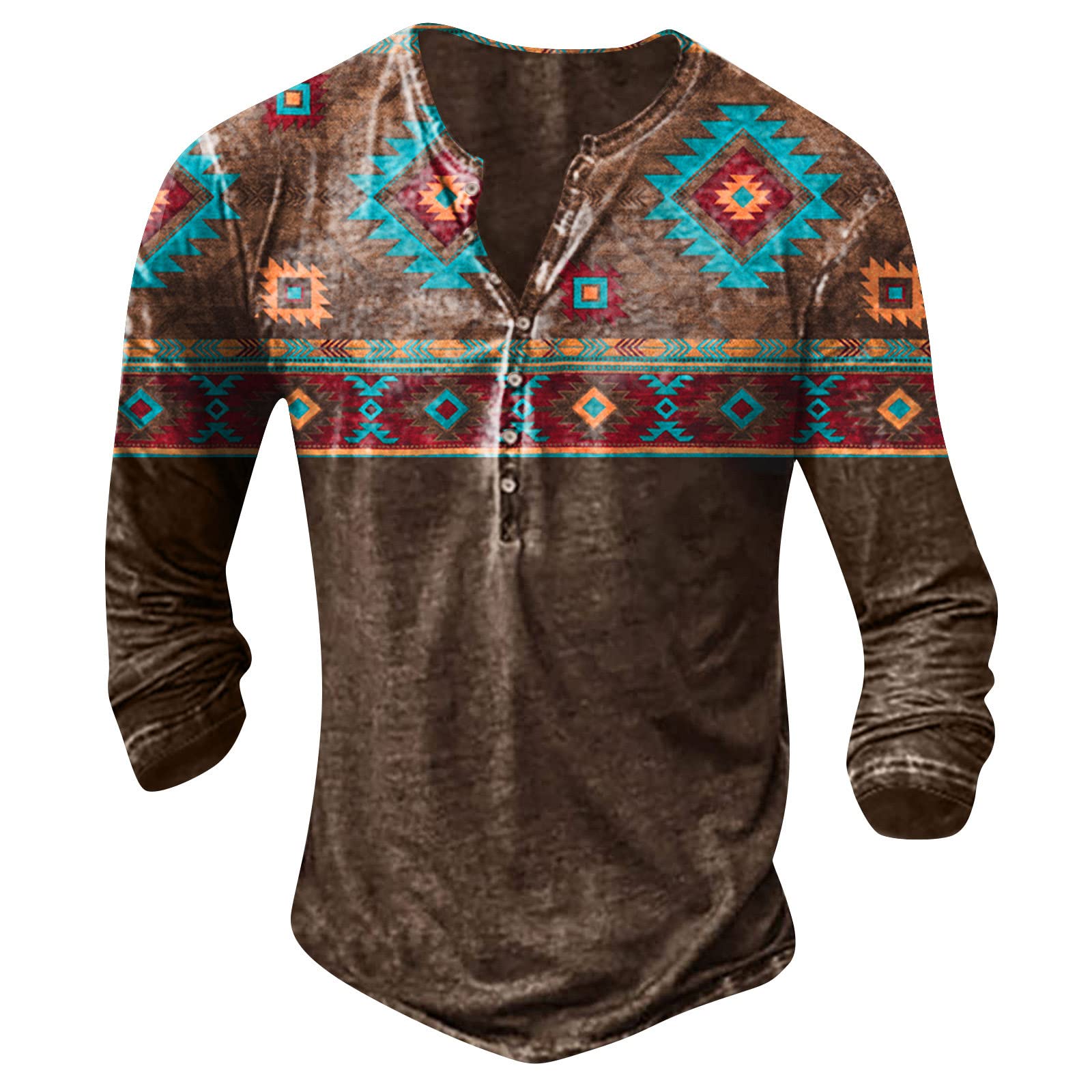 LSAltd Shirt for Men,Ethnic Retro Printed Button-Down U Neck Autumn and Winter Shirt Retro Vintage Long Sleeve Top for Outdoor Running Hiking Camping