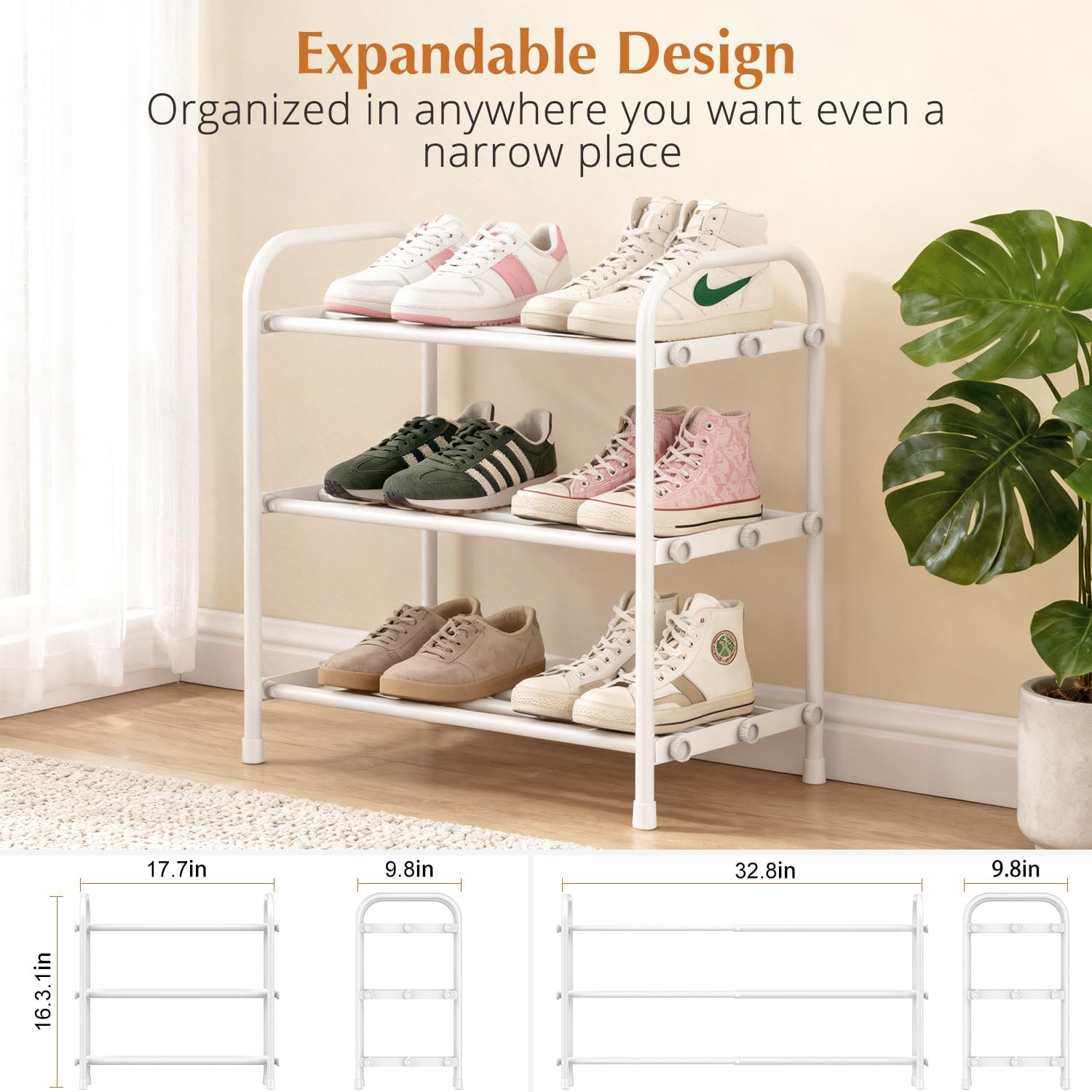 INSMART 3-Tier Expandable Shoe Rack, Stackable and Adjustable Shoes Organizer Storage Shelf, Sturdy and Durable Metal Structure Free Standing Shoe Rack for Closet Entryway Doorway, White image 3