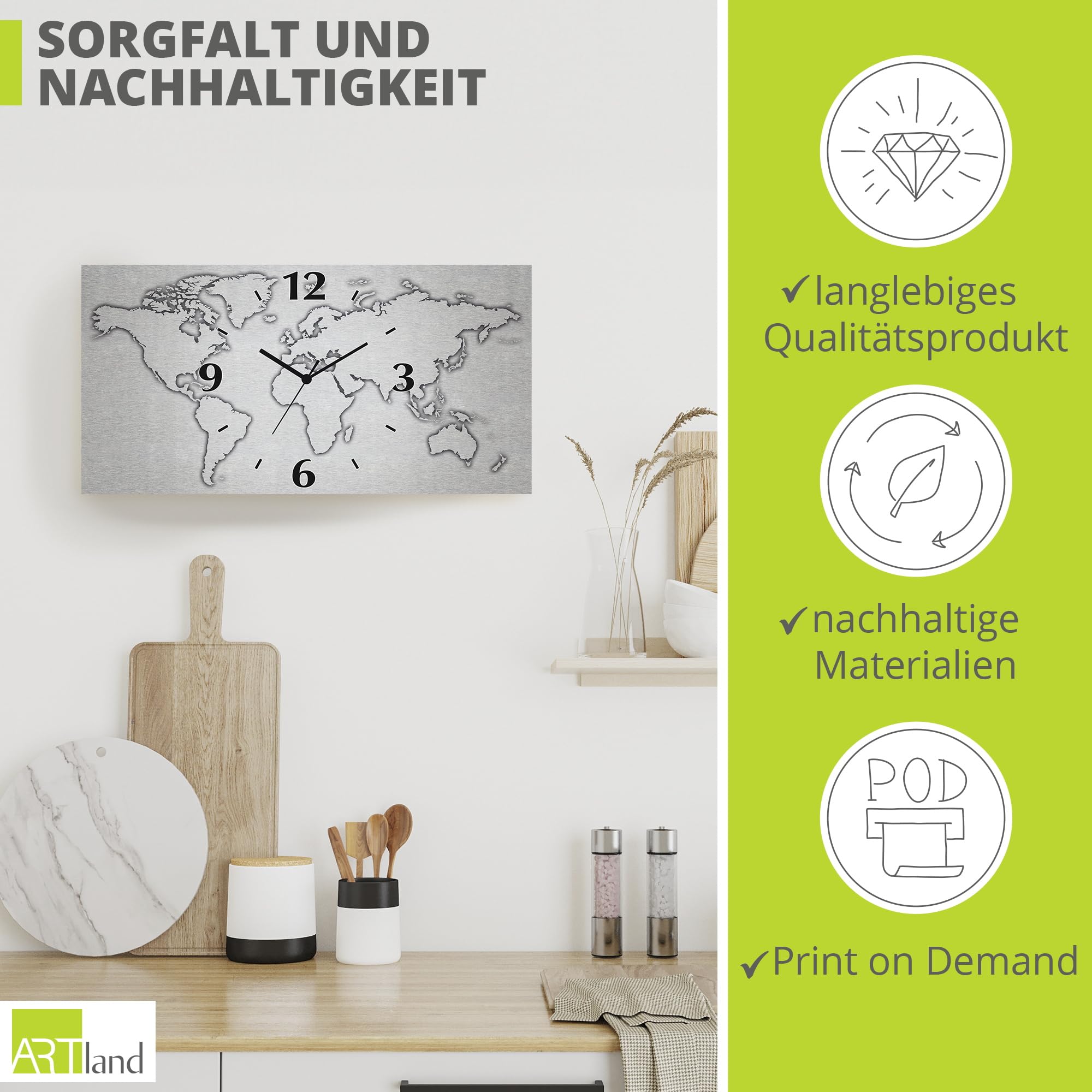 ARTLAND Wanddeko Wanduhr ohne Tickgeräusche Alu Quarzuhr Silber metallic lautlos 60x30 cm Rechteckig Weltkarte Modern Karte Abstrakt Grau U1UN