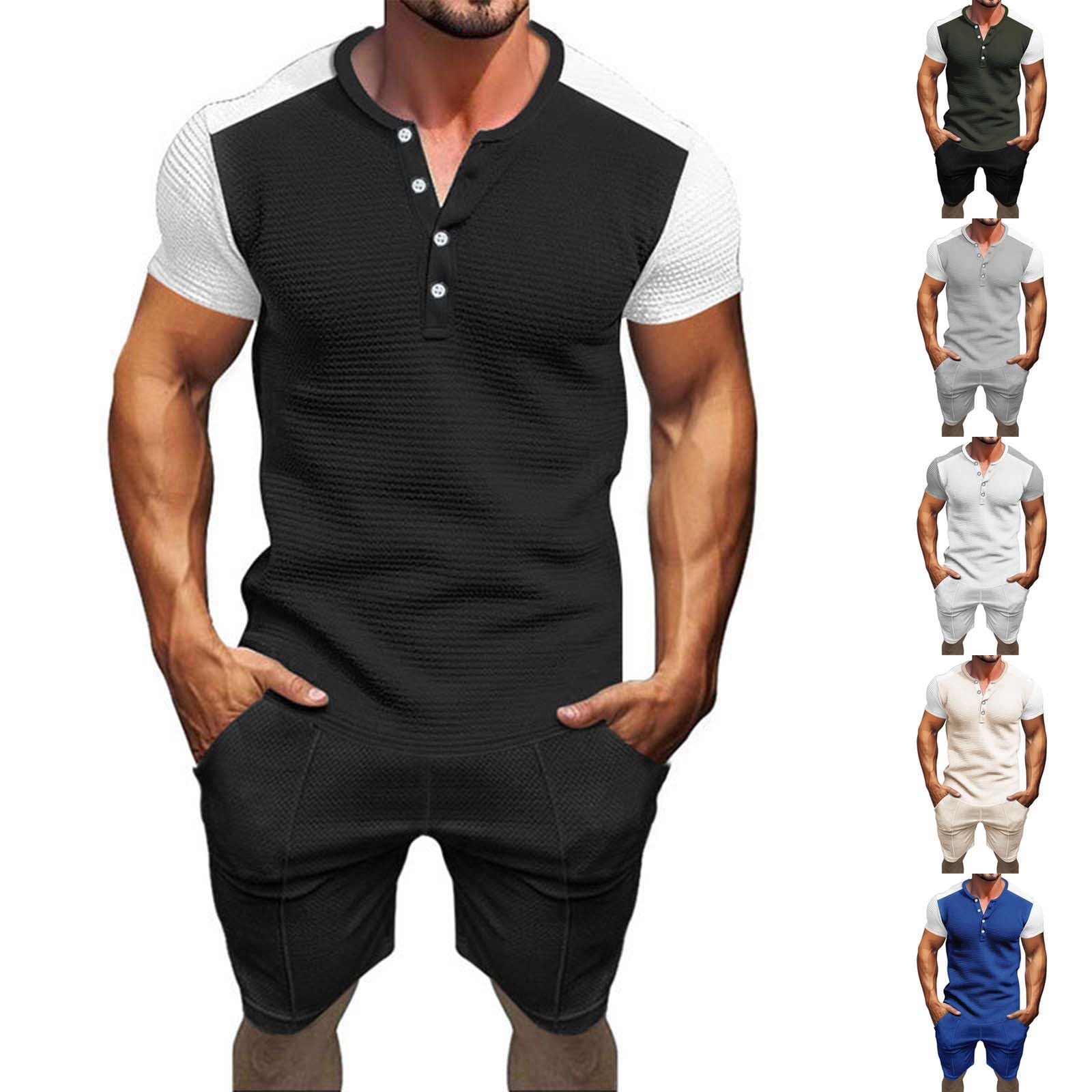 Mens Summer Tracksuits 2 Piece Set Casual Waffle Fitted Gym Workout Shirts Tops Sports Walk Shorts Stylish Athletic Suits