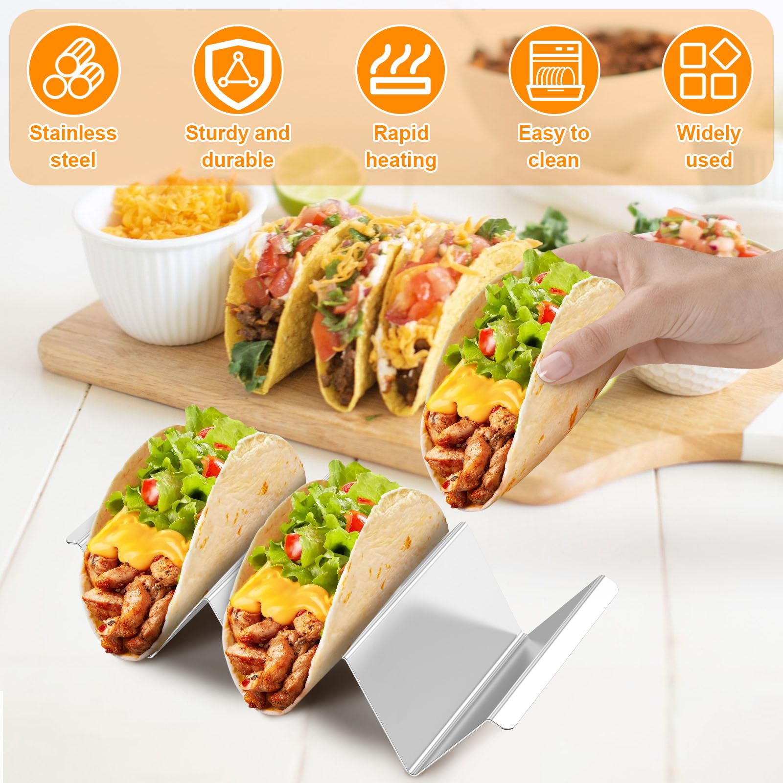 ZJRDYYK Stainless Steel Taco Holder Stand, 6 Pack Taco Trays for Party, Oven Safe for Baking, Dishwa Sher and Grill Safe, Taco Plates with Dividers, Taco Bar Serving Set