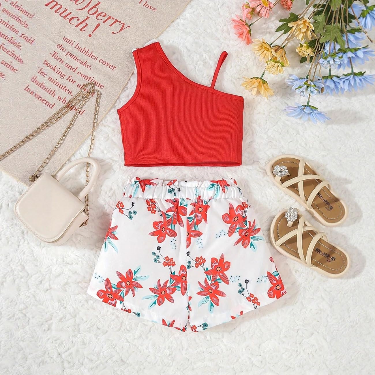 Conjunto Ropa Niña, Top Acanalado + Pantalones Cortos con Cintura Elástica con Estampado Tropical de Plantas/Flores y Lazos, Conjunto Verano Otoño Niña, Verde/Blanco/Rojo/Rosa Rojo, 4-7 Años