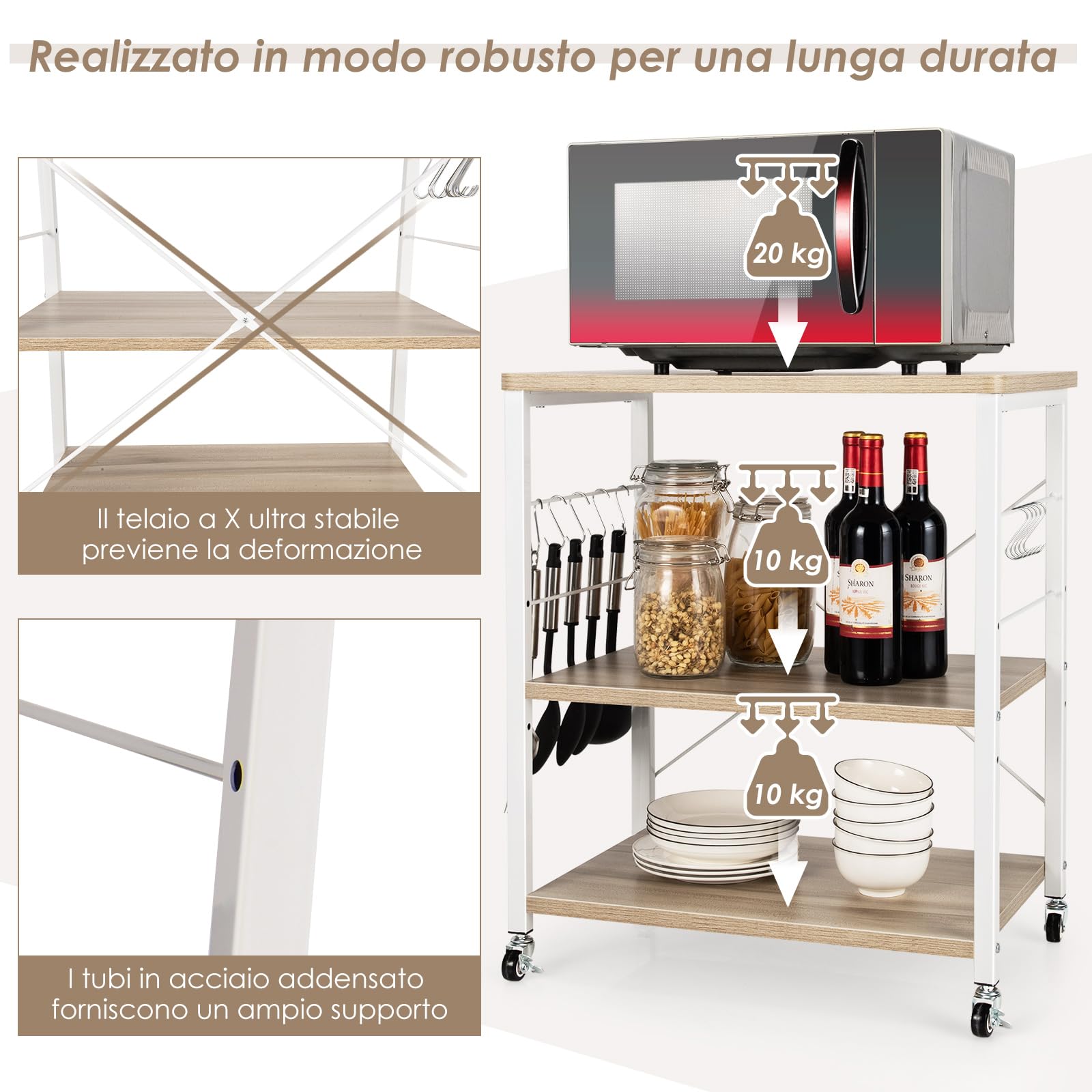 COSTWAY Carrello da Cucina con 10 Ganci Rimovibili, Scaffale per Pasticceria con 3 Livelli, Scaffale con Struttura di Metallo con Ruote Bloccabili per Bar Ristorante Hotel, 60 x 40 x 73,5 cm (Beige)