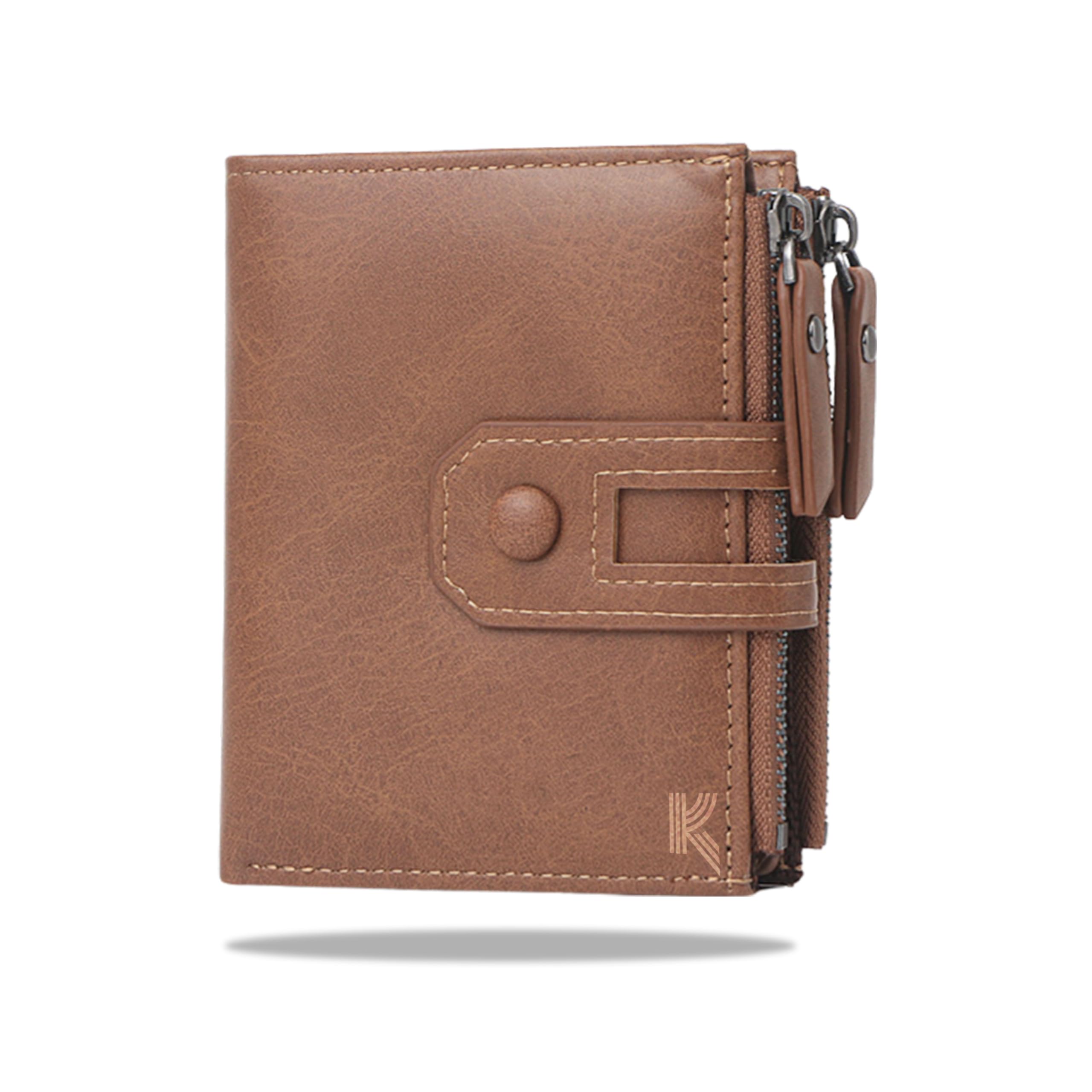Kraptick Men's Leather Wallet, Double Zipper Wallet, Wallet for Men, Storage Wallet for Cards, Cash, Coins, Purse with Stylish Design (Khaki)