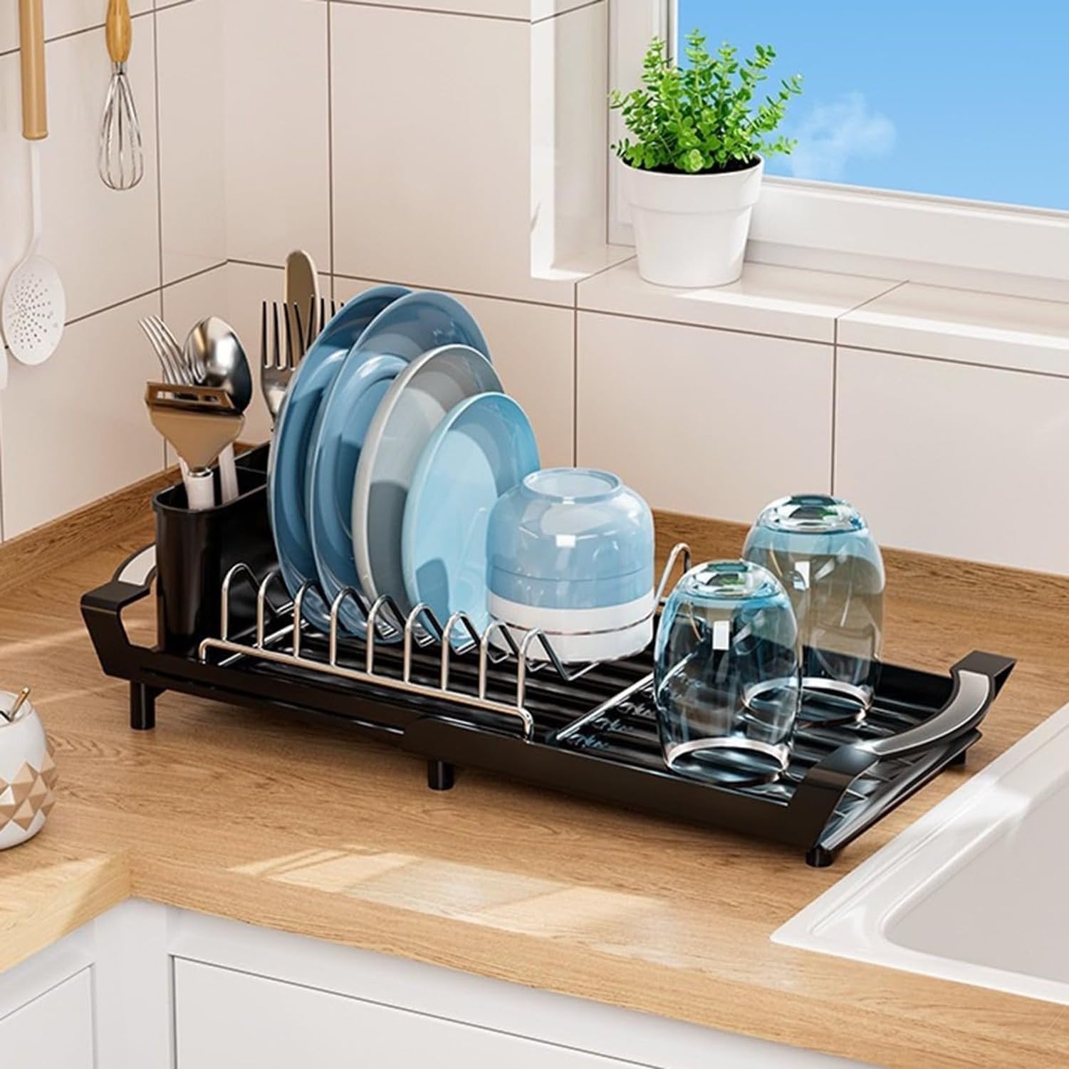 Escurridor de Platos Ajustable Acero Inoxidable con Cubiertos