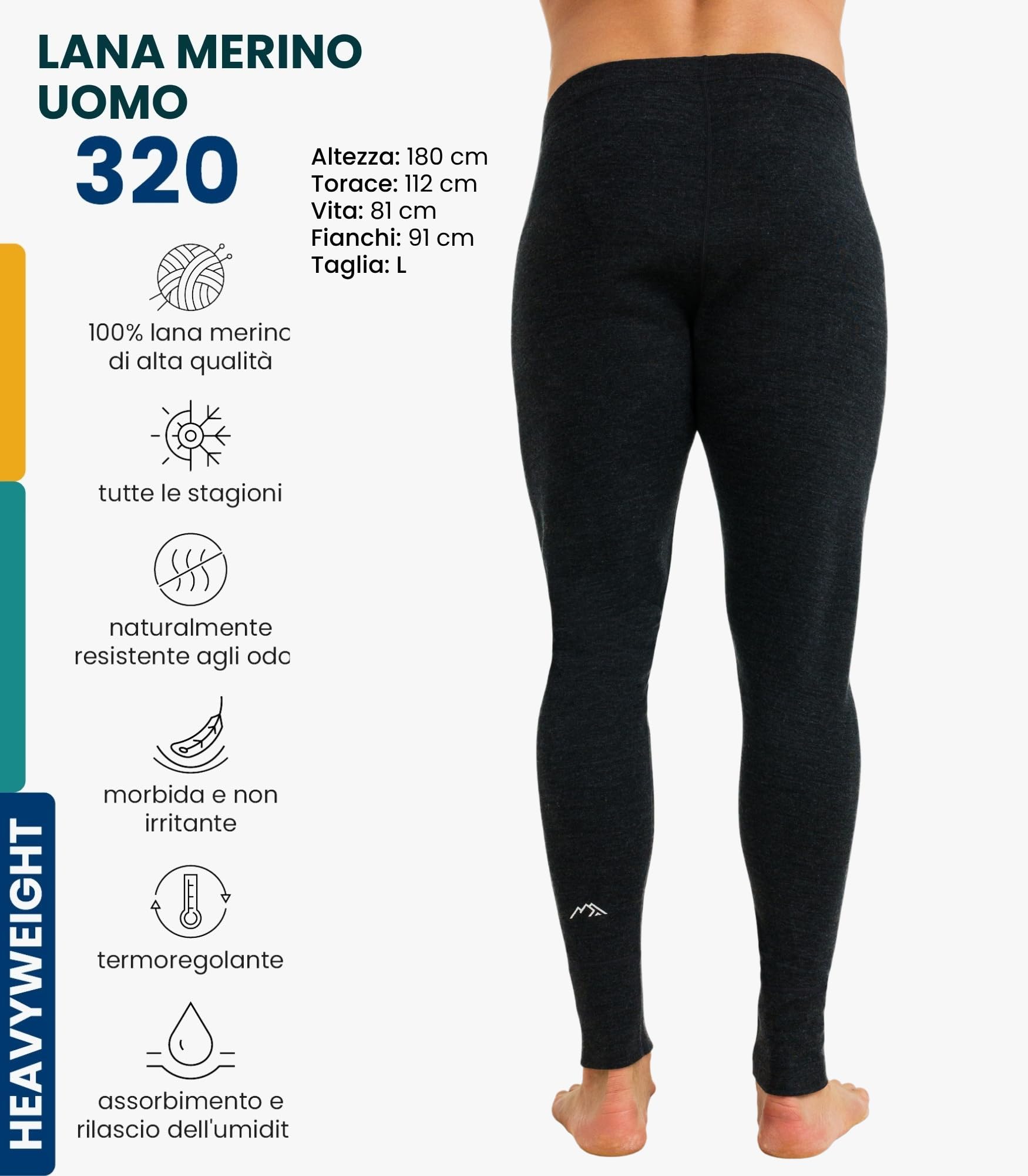 Merino.tech Pantaloni Termici Lana Merino Uomo - 100% Intimo Lana Merinos Uomo Leggero, Medio, Pesante con Calzini