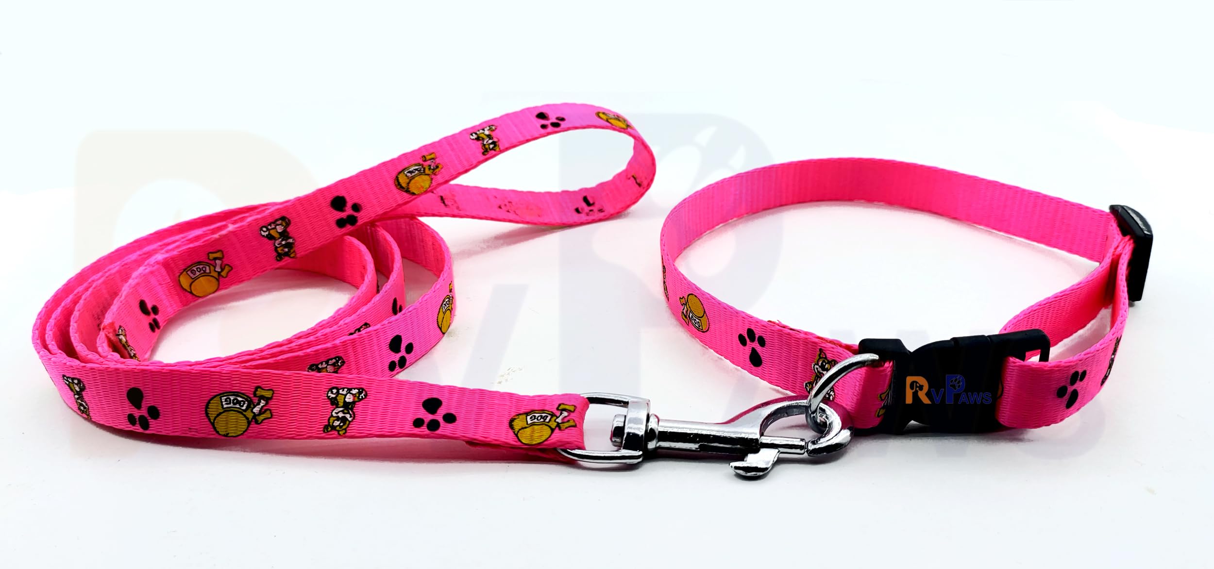 Woofy 15 MM Dog Collar and Leash Set Puppy Printed, Adjustable Nylon Collar with Leash for Small Dogs, Color-Full Collar Leash Set for Puppies, Dog & Cat (Pink)