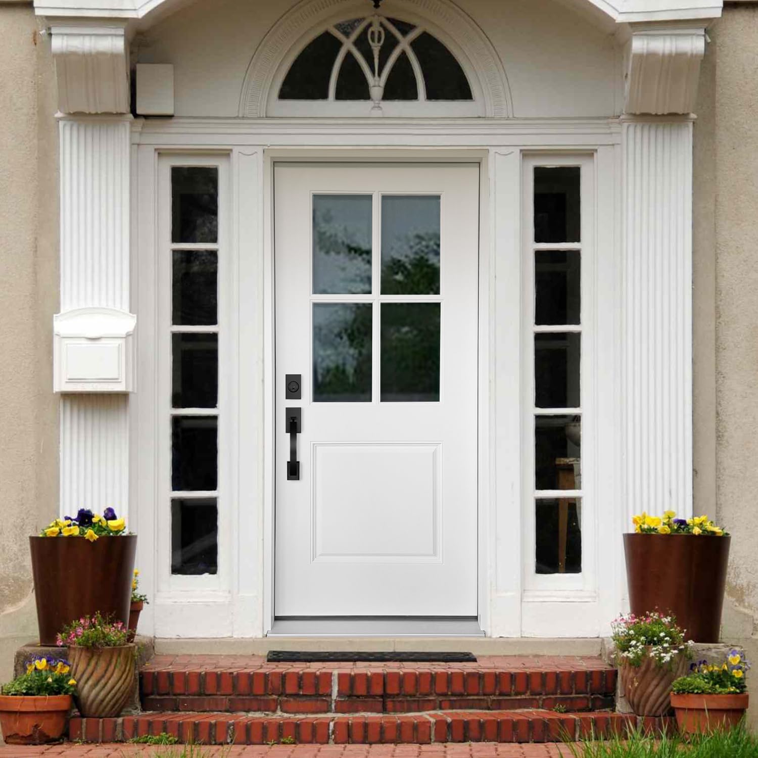 36x80 Fiberglass Prehung Exterior Front Entry Door with Brickmould, 4 Lite Clear Glass, White Primed Exterior Door with Glass 36 x 80, Right Hand Inswing