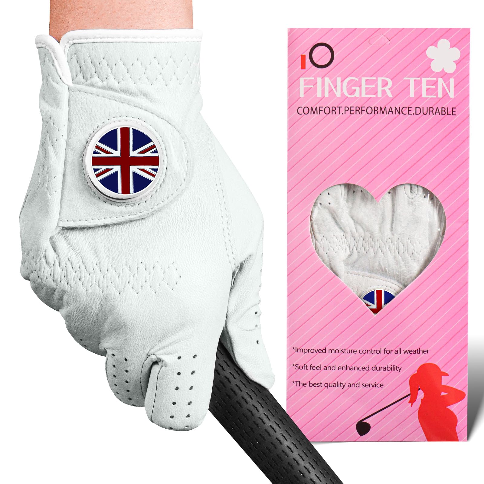 FINGER TEN Women’s Golf Gloves All Cabretta Leather With Ball Marker 1 Pack, Premium Soft & Flexibility Ladies for Left Right Hand, Available in White – Sizes S to XL (UK Flag, M, Right)