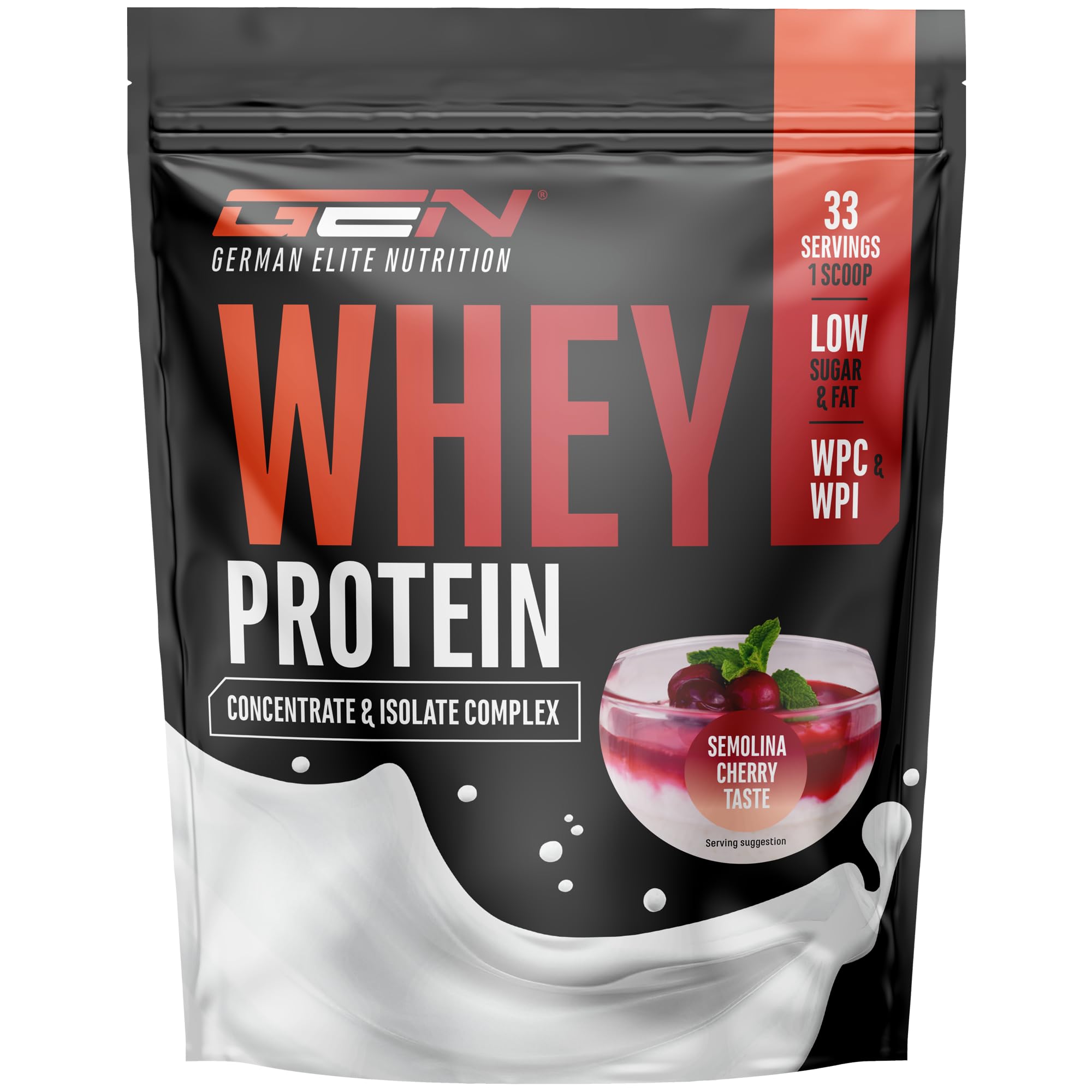 Whey Protein Complex - 1000 g (Semoule au lait avec des Cerises) - Avec part d'isolat - Protéine soluble instantanée en poudre avec BCAA & EAA - German Elite Nutrition