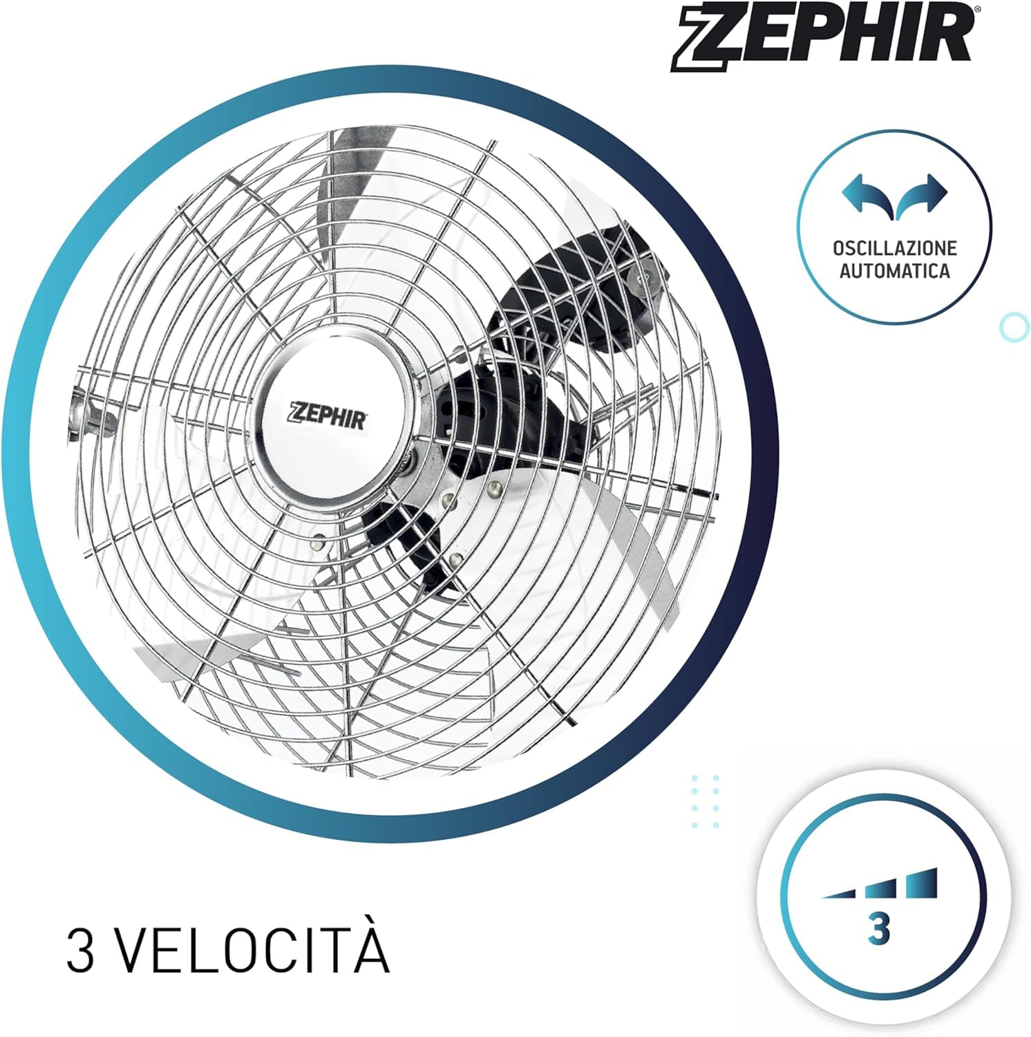 PF40CR Ventilatore a Piantana Professionale 3 Velocità Oscillazione Automatica e Griglia di Sicurezza Regolabile in Metallo Altezza 140 cm Silenzioso Zephir